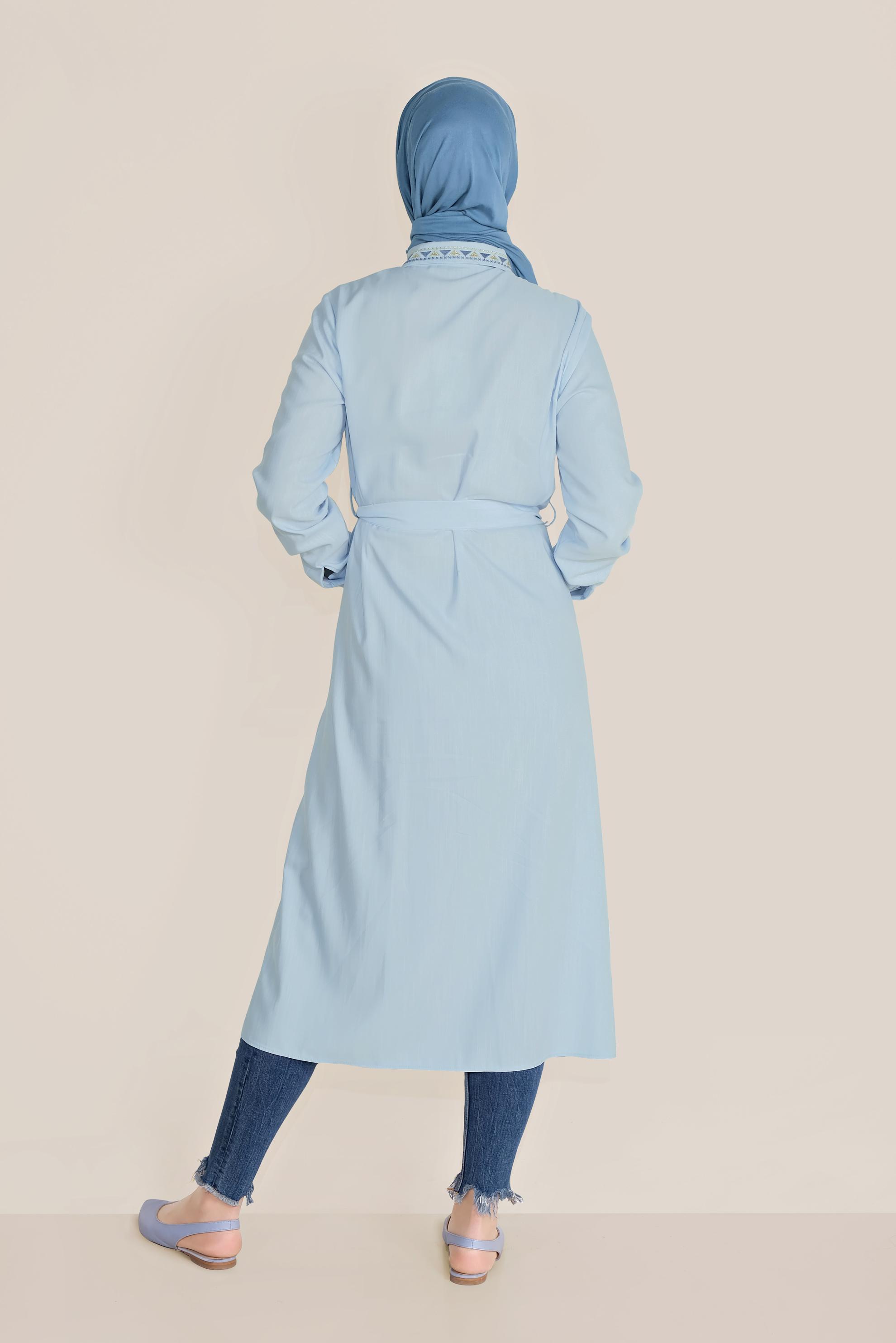 Tesettür giyim MAVİ NAKIŞLI PÜSKÜL DETAYLI TUNİK 40767 