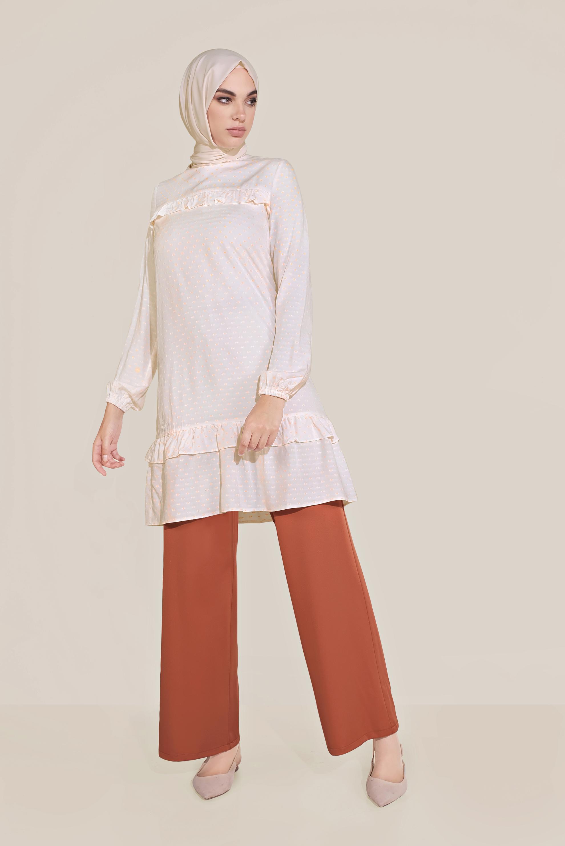 Tesettür giyim BEYAZ FIRFIR DETAYLI BİLEKTEN LASTİKLİ TUNİK 40822