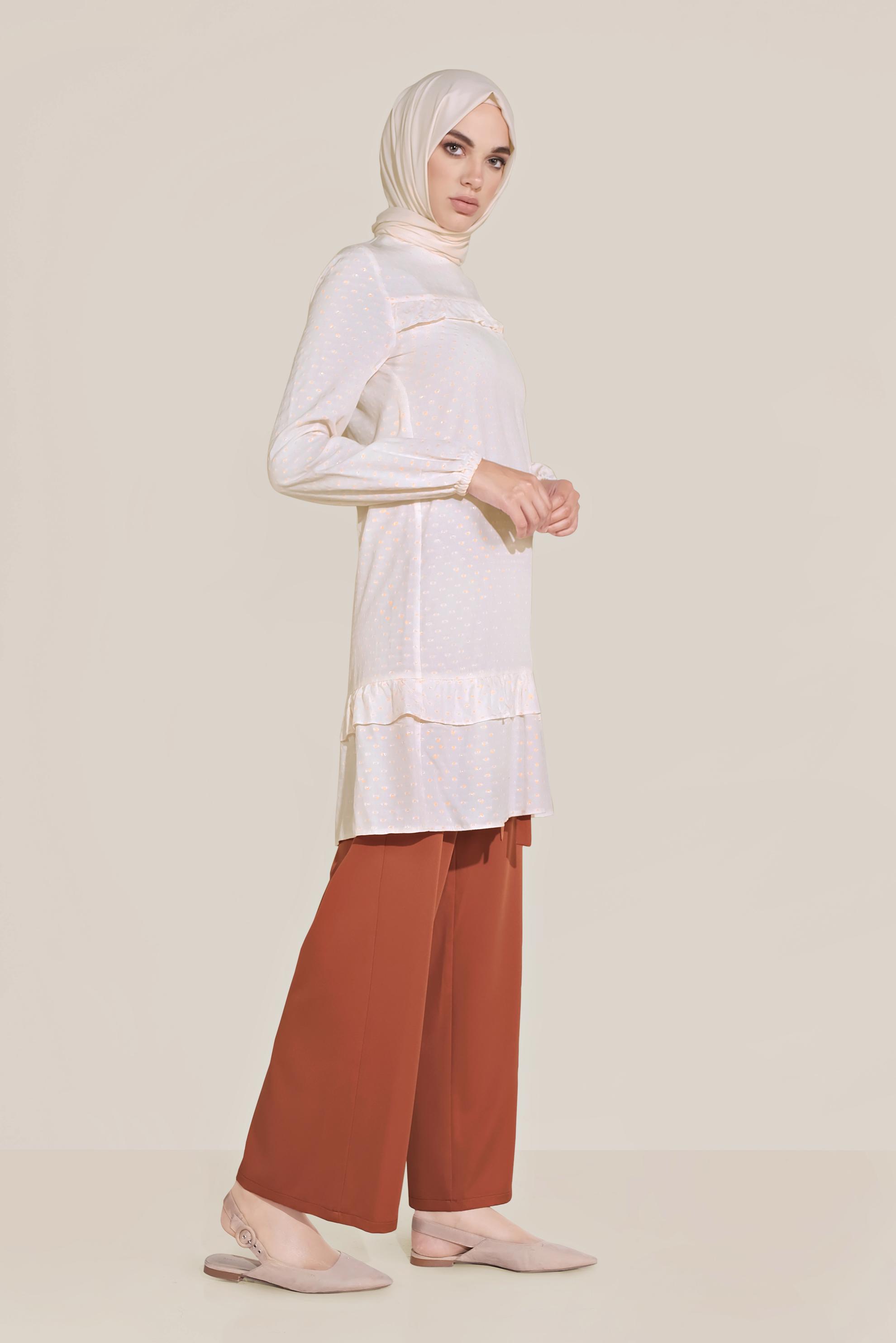 Tesettür giyim BEYAZ FIRFIR DETAYLI BİLEKTEN LASTİKLİ TUNİK 40822