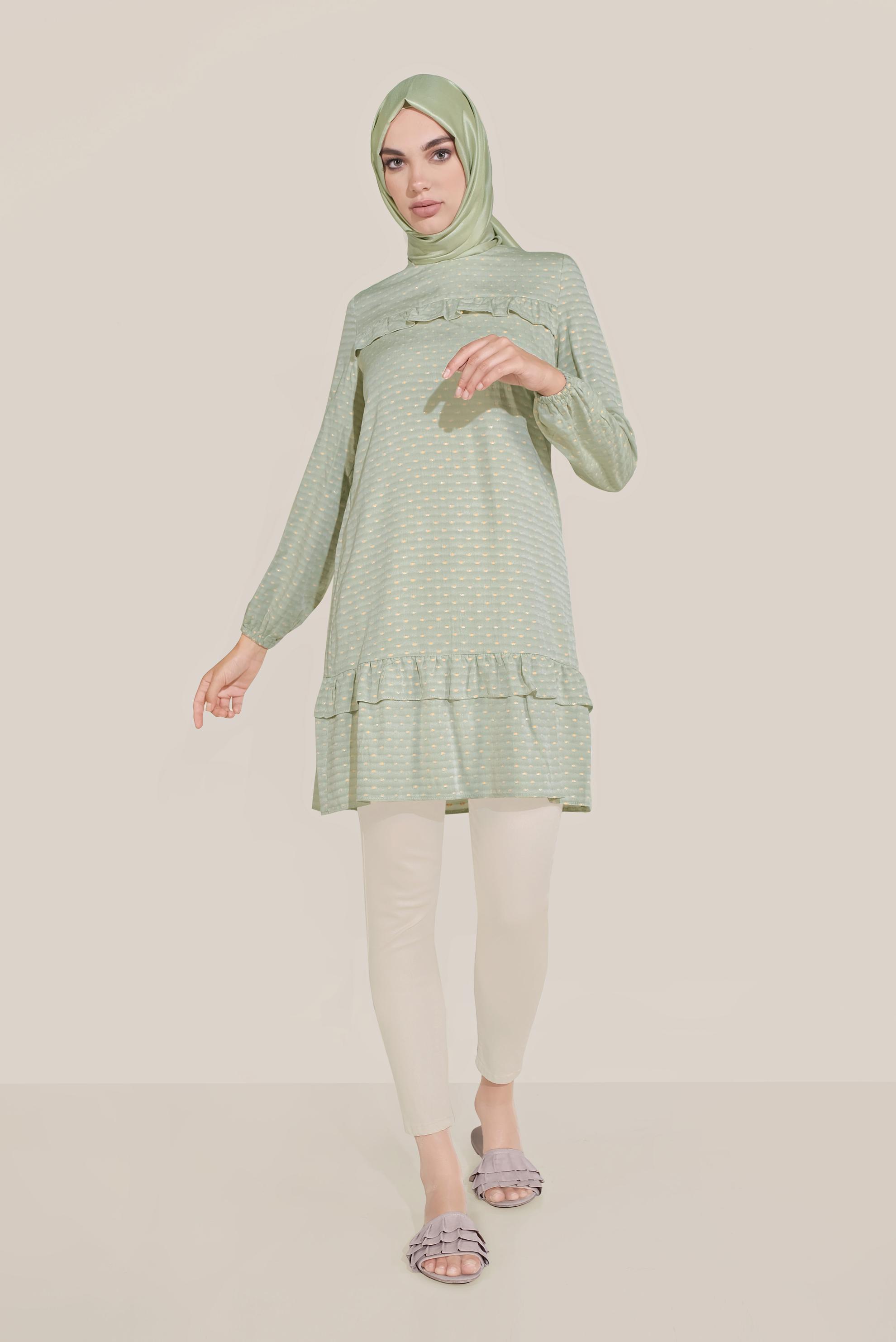 Tesettür giyim YEŞİL FIRFIR DETAYLI BİLEKTEN LASTİKLİ TUNİK 40822