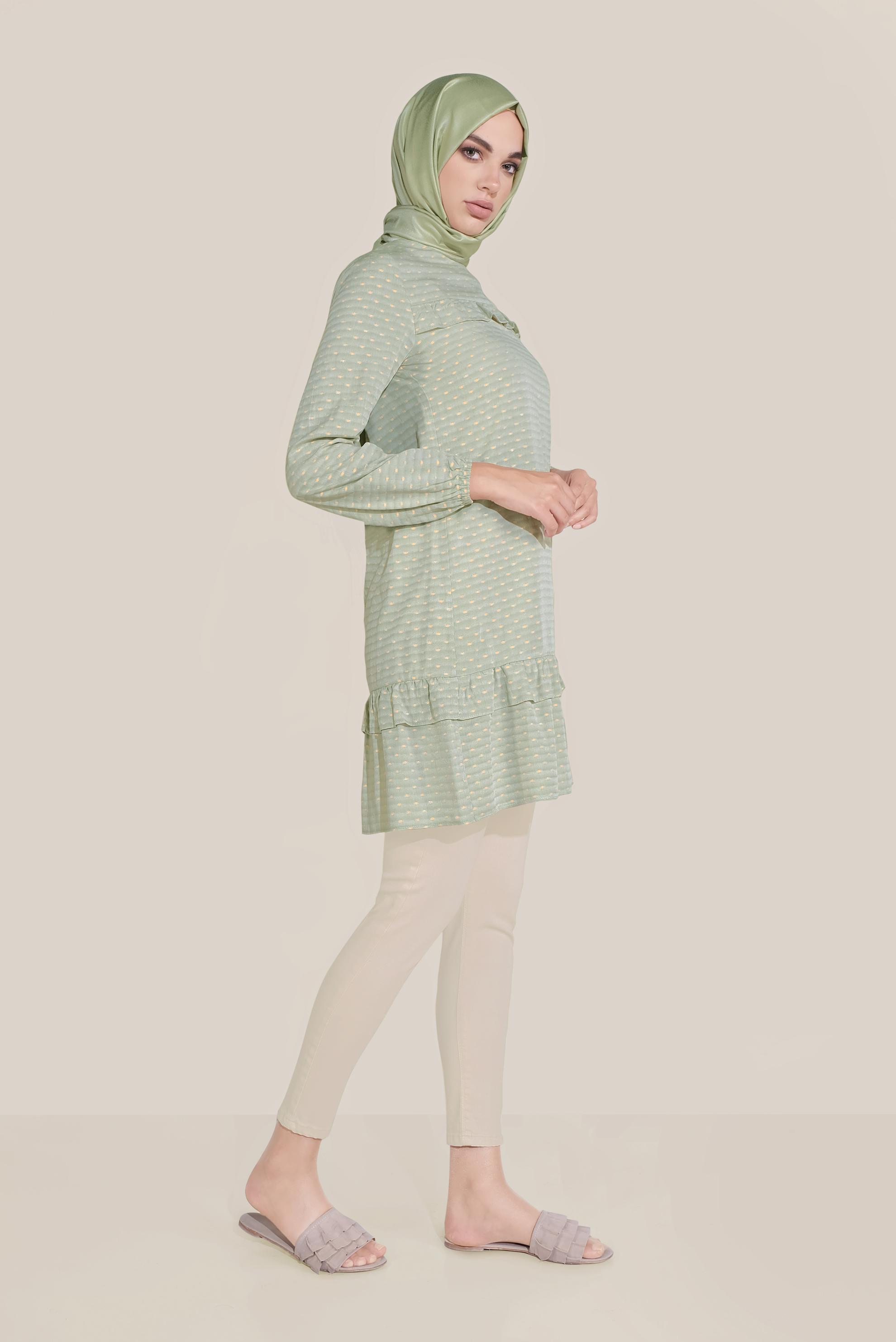 Tesettür giyim YEŞİL FIRFIR DETAYLI BİLEKTEN LASTİKLİ TUNİK 40822