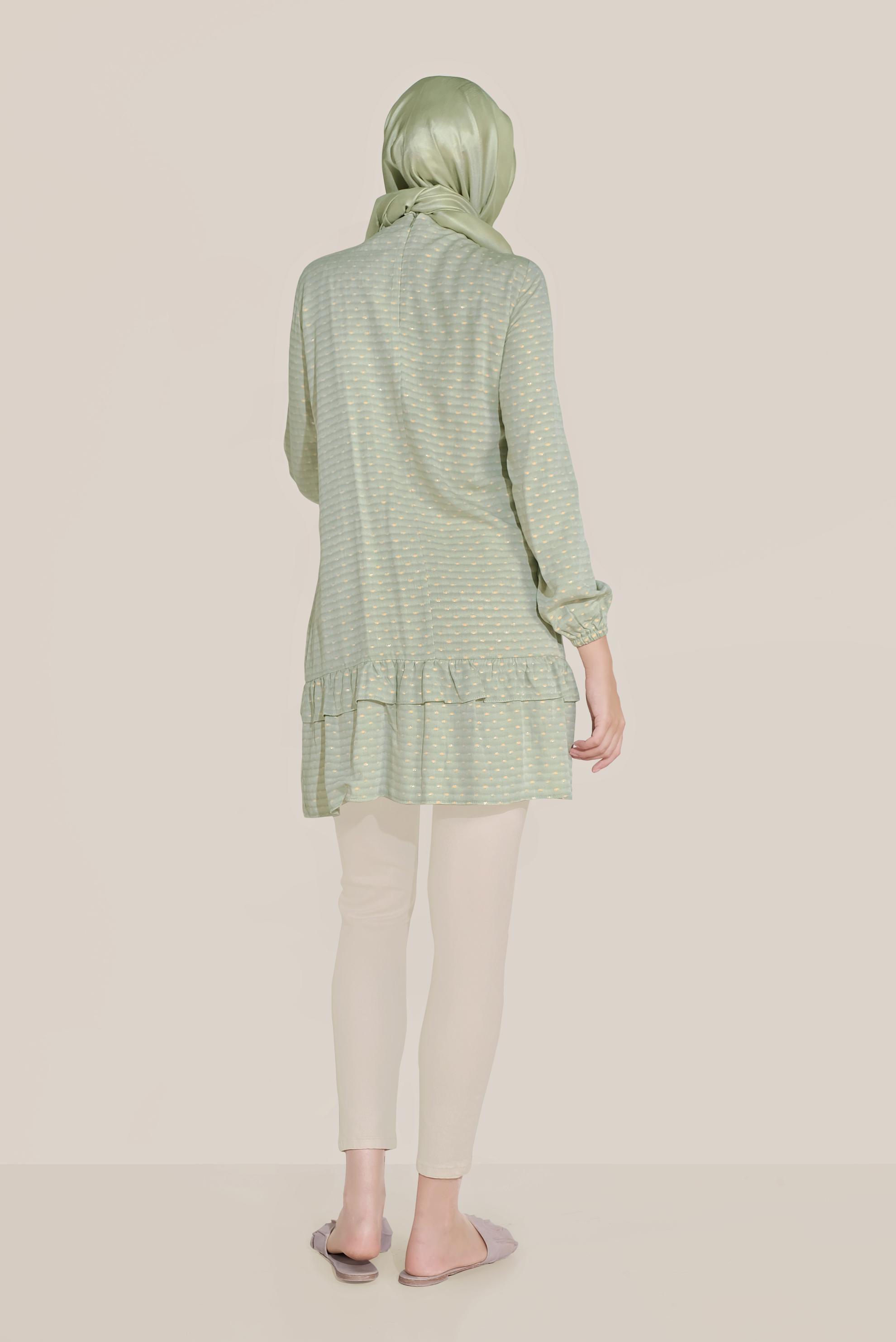 Tesettür giyim YEŞİL FIRFIR DETAYLI BİLEKTEN LASTİKLİ TUNİK 40822