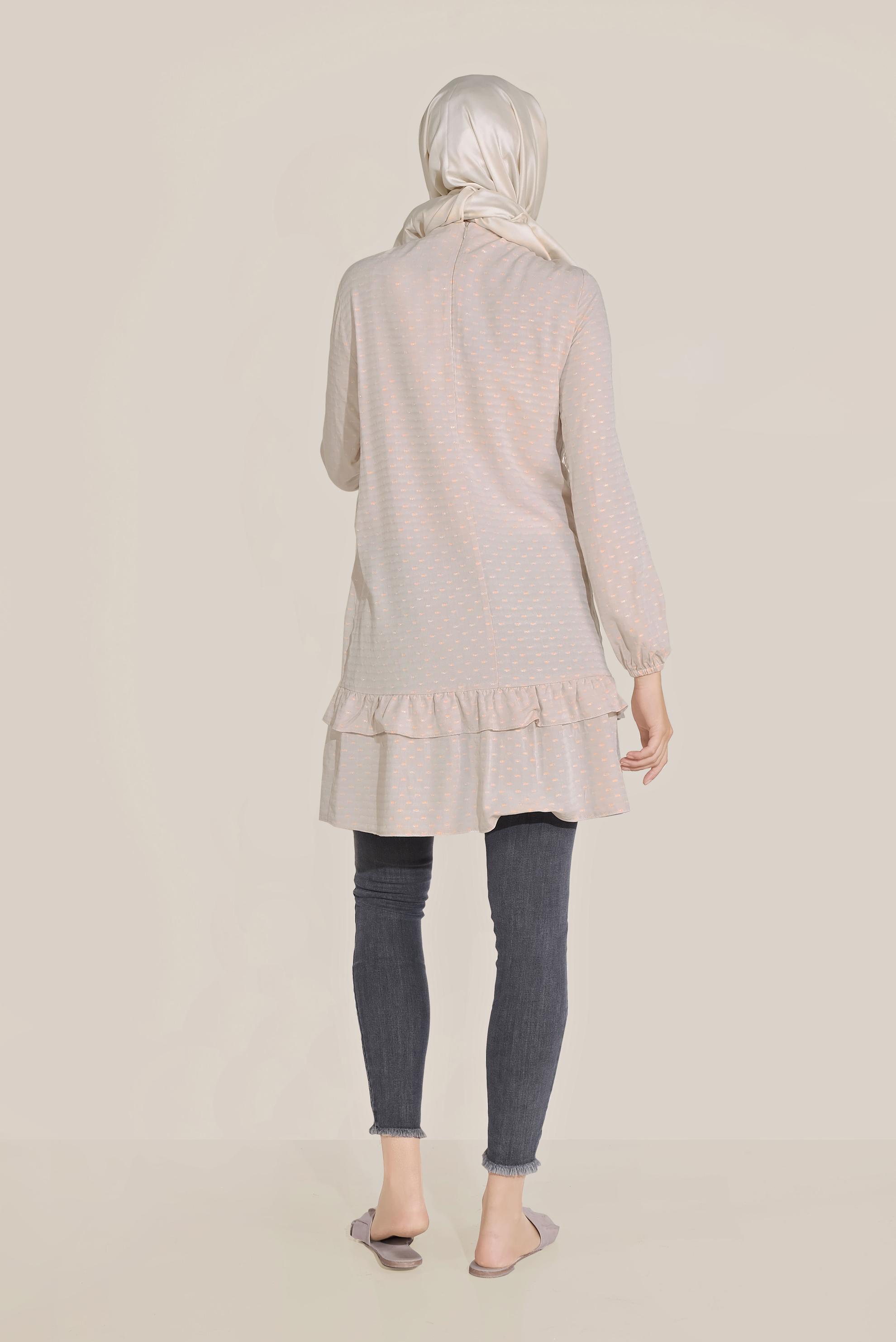 Tesettür giyim BEJ FIRFIR DETAYLI BİLEKTEN LASTİKLİ TUNİK 40822