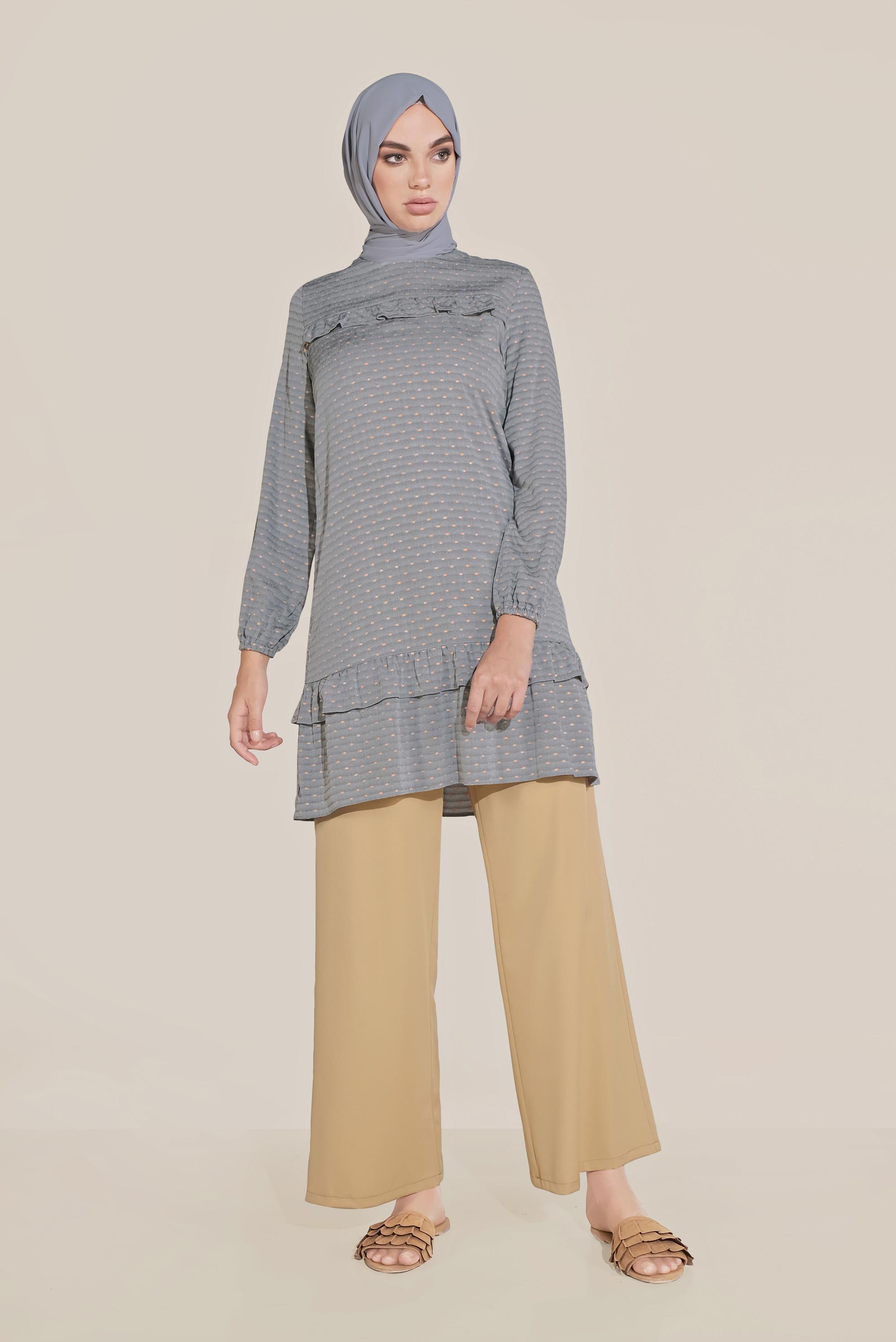 Tesettür giyim LACİVERT FIRFIR DETAYLI BİLEKTEN LASTİKLİ TUNİK 40822