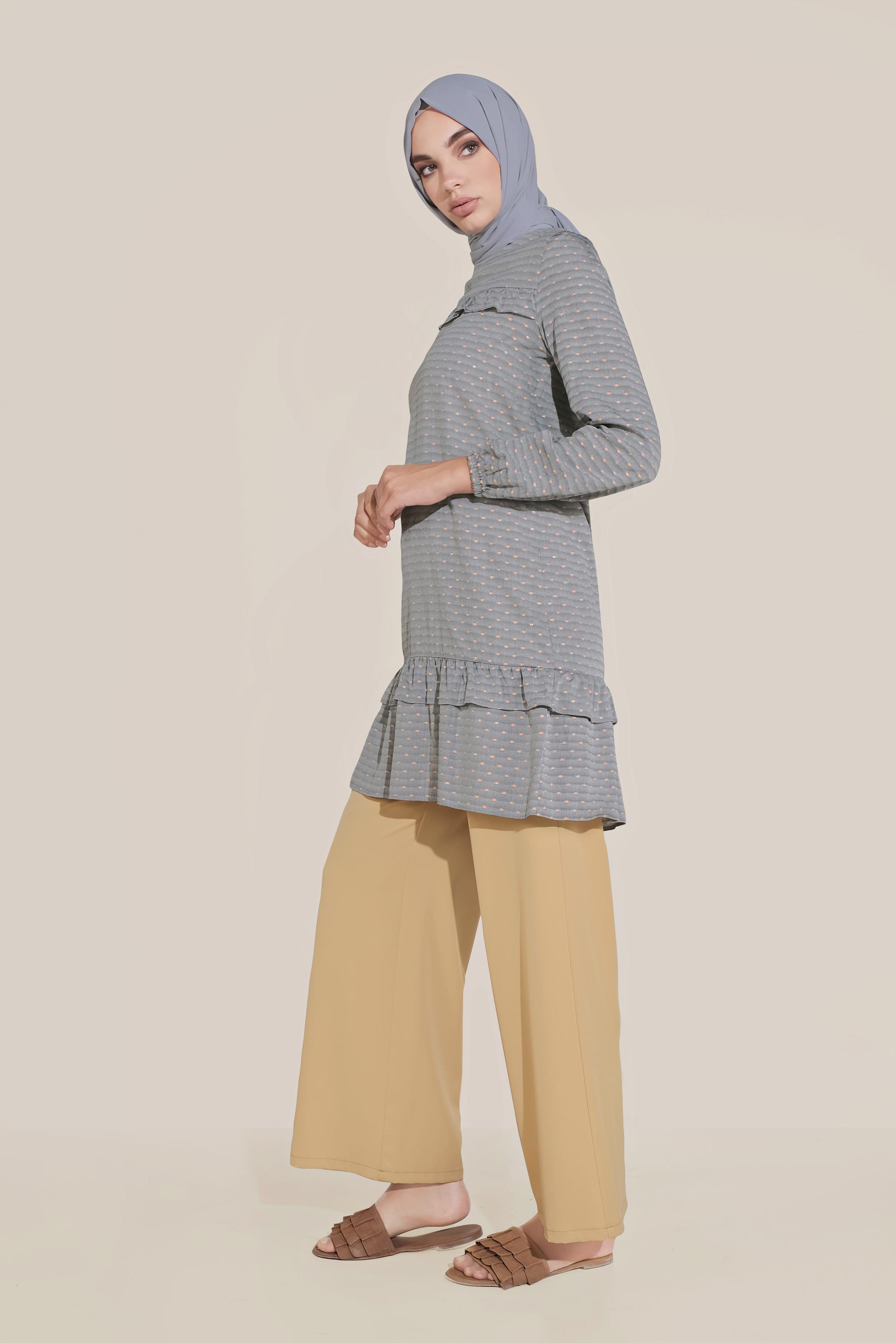 Tesettür giyim LACİVERT FIRFIR DETAYLI BİLEKTEN LASTİKLİ TUNİK 40822