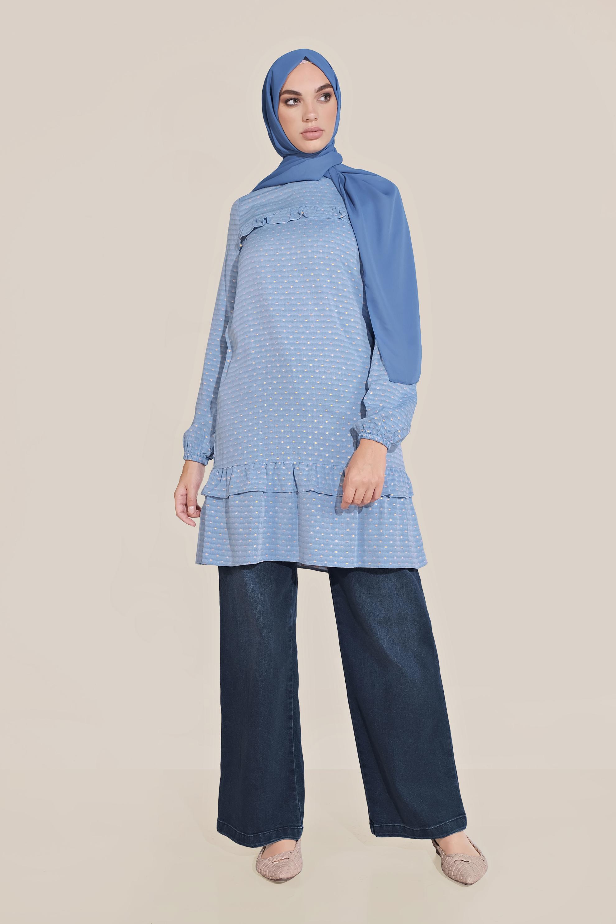 Tesettür giyim LACİVERT FIRFIR DETAYLI BİLEKTEN LASTİKLİ TUNİK 40822