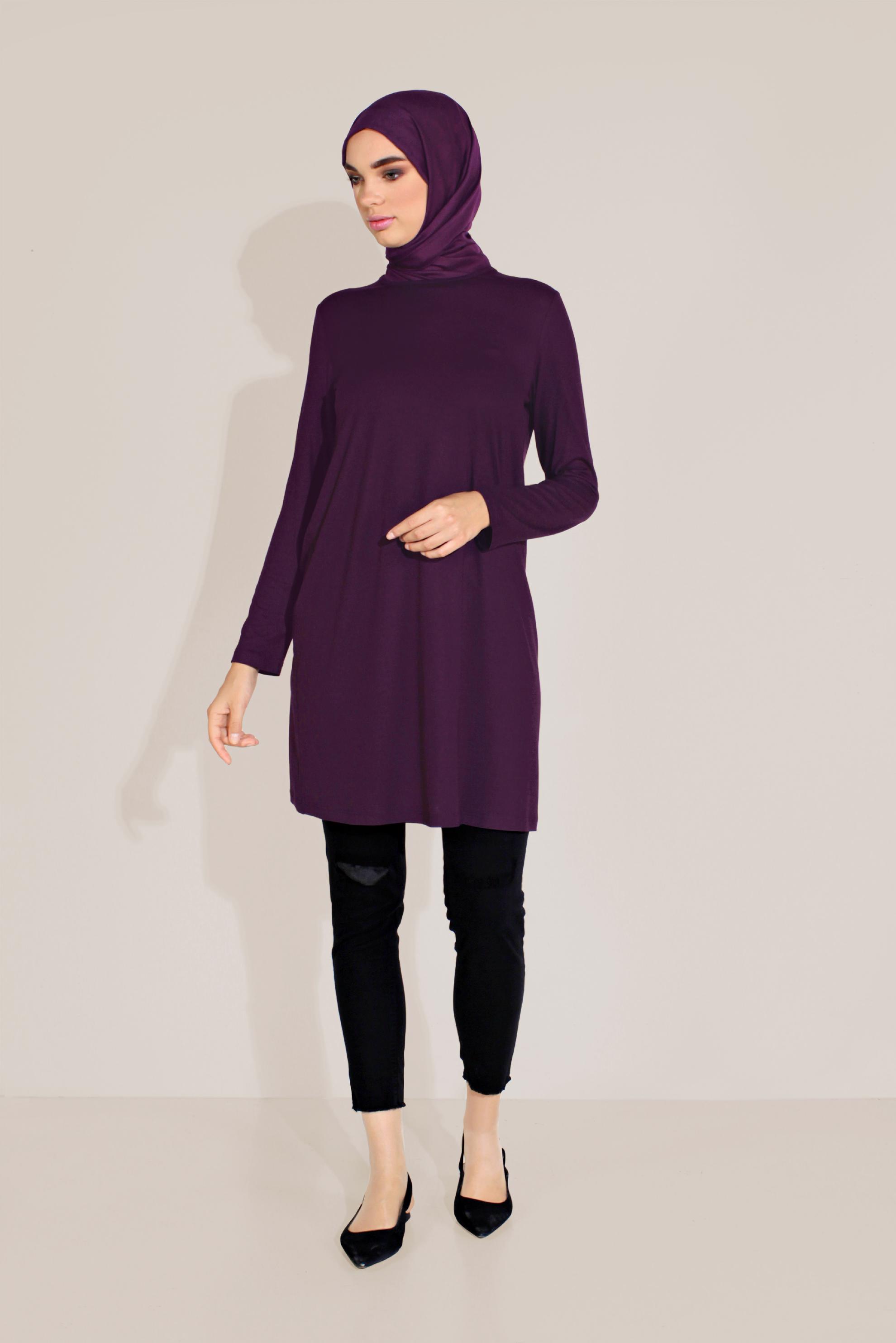 Tesettür giyim MOR BİSİKLET YAKA TUNİK 40825