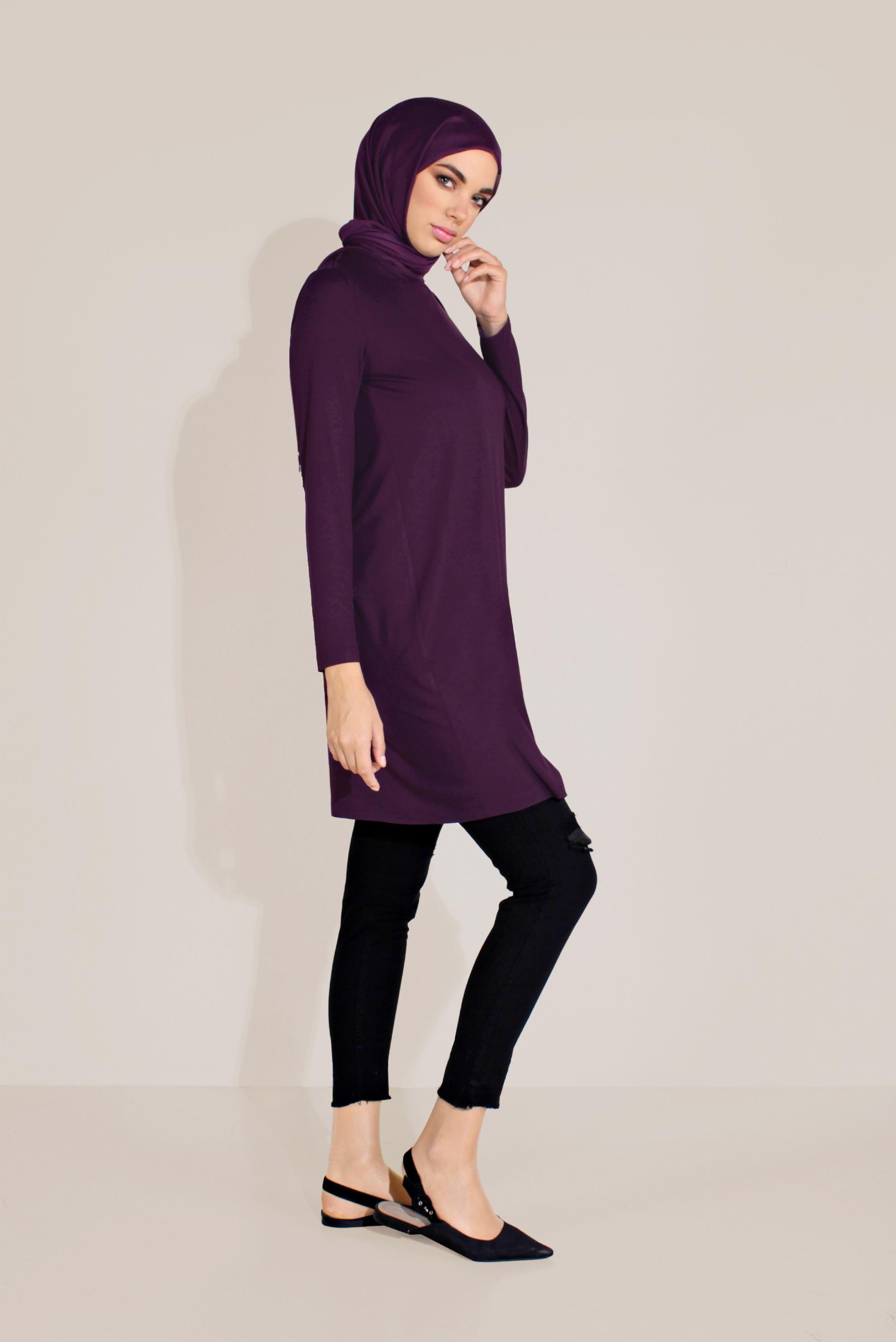Tesettür giyim MOR BİSİKLET YAKA TUNİK 40825