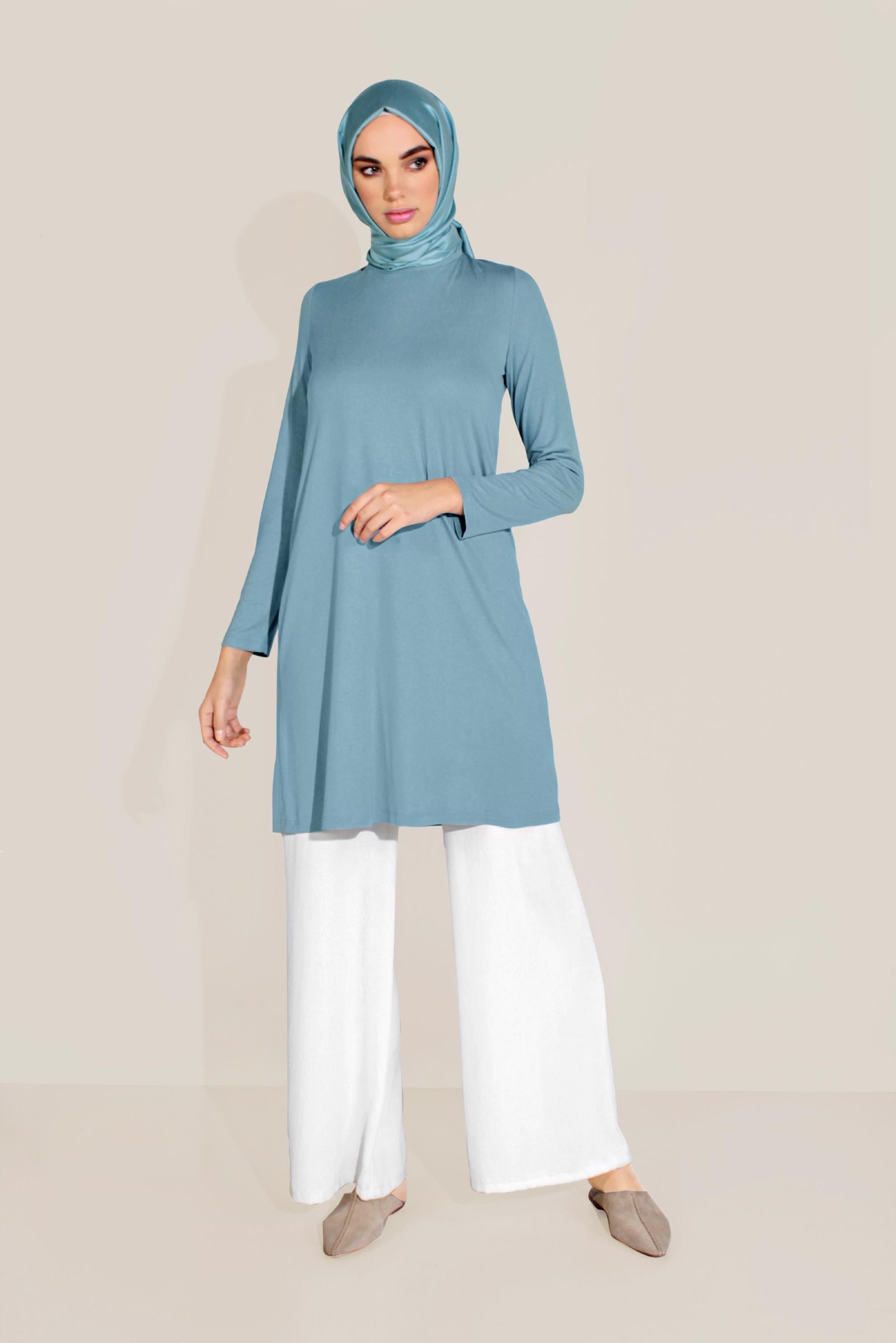 Tesettür giyim MAVİ BİSİKLET YAKA TUNİK 40825