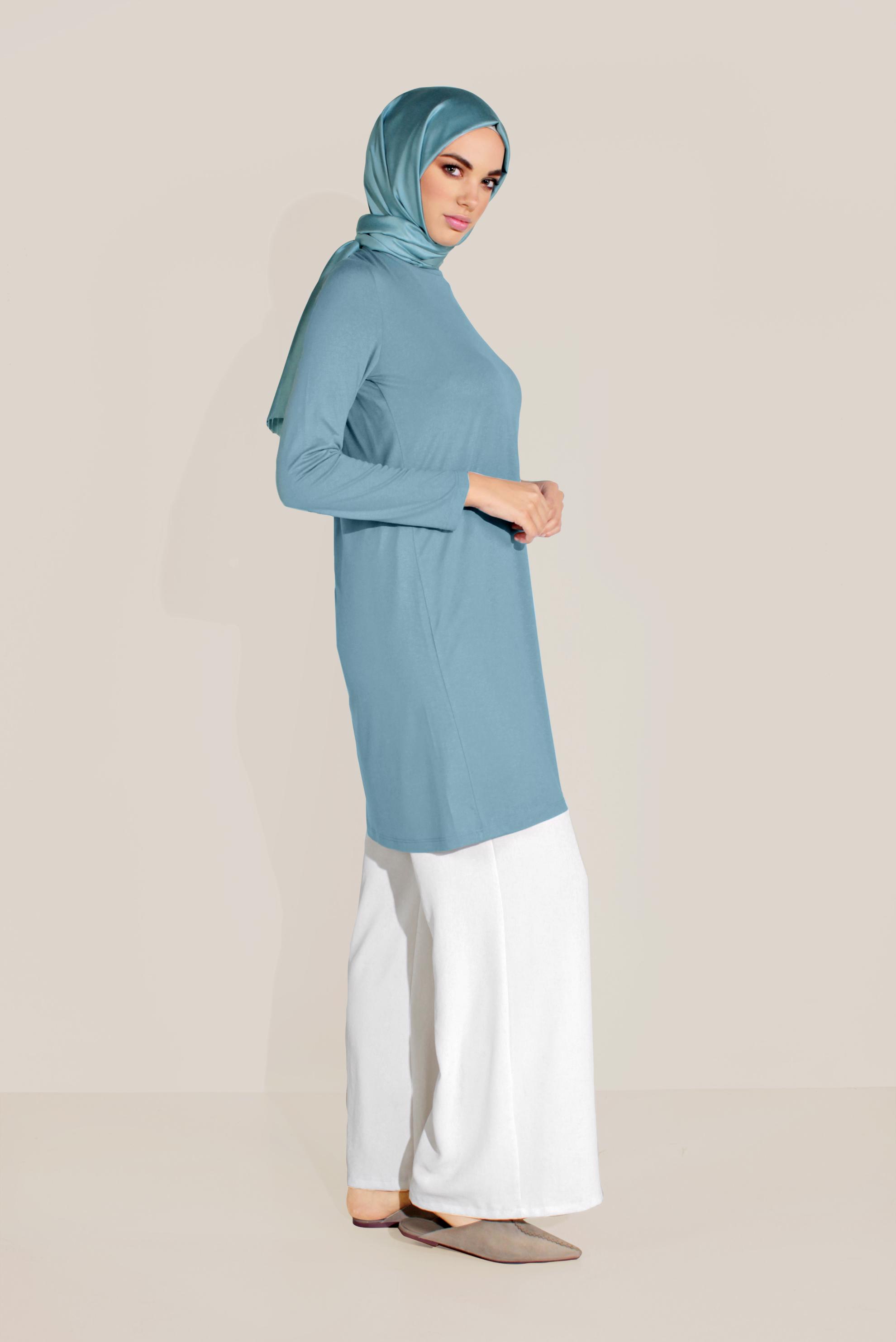 Tesettür giyim MAVİ BİSİKLET YAKA TUNİK 40825