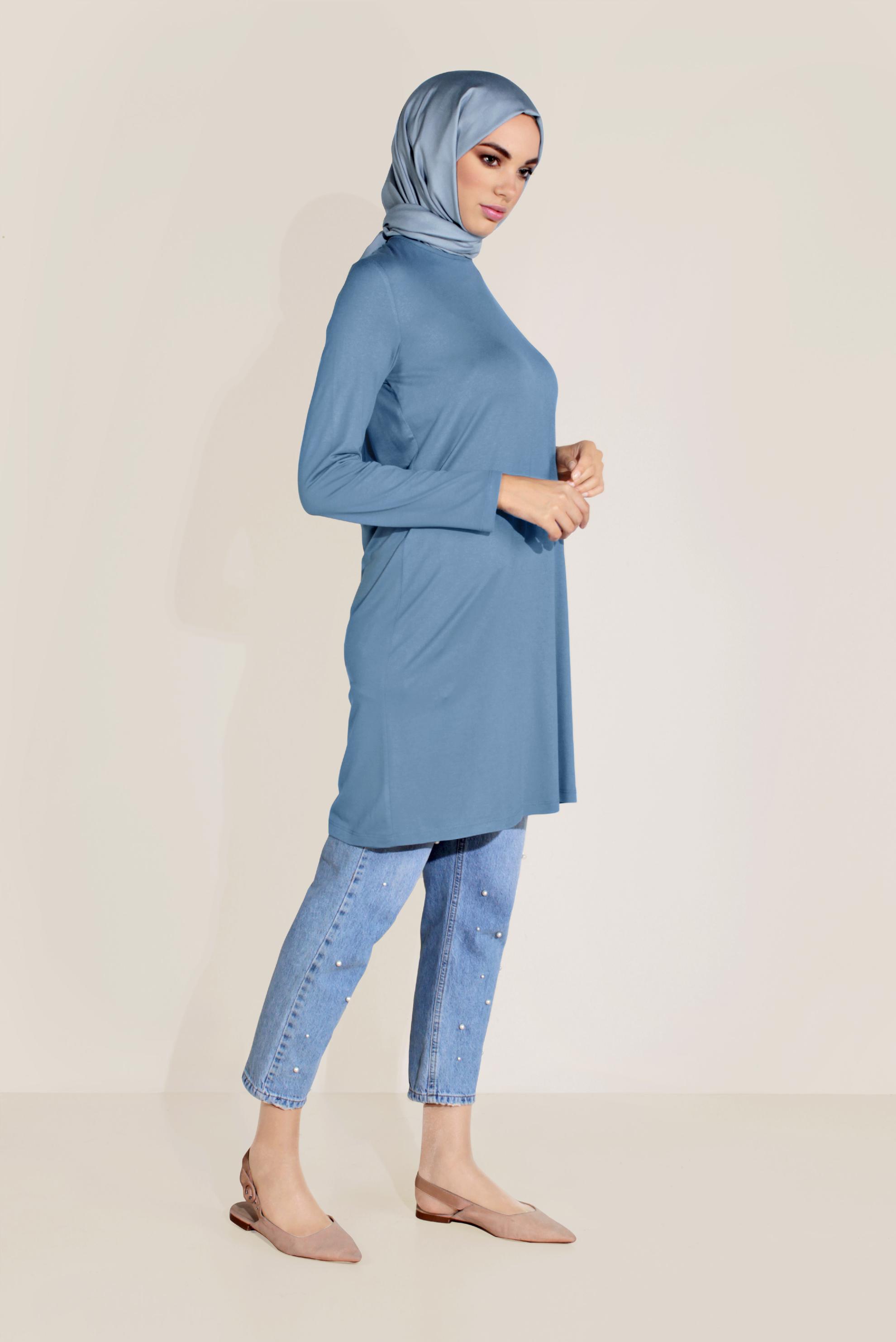 Tesettür giyim MAVİ BİSİKLET YAKA TUNİK 40825