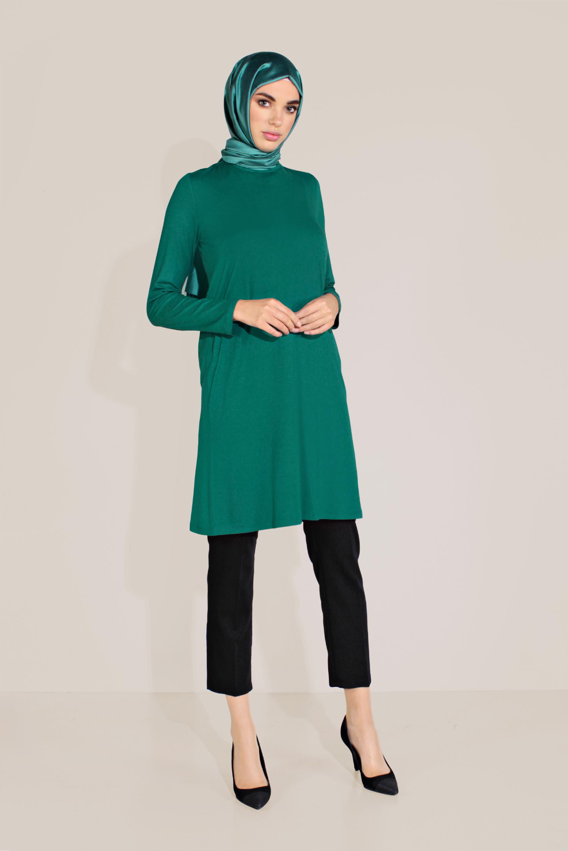 Tesettür giyim YEŞİL BİSİKLET YAKA TUNİK 40825