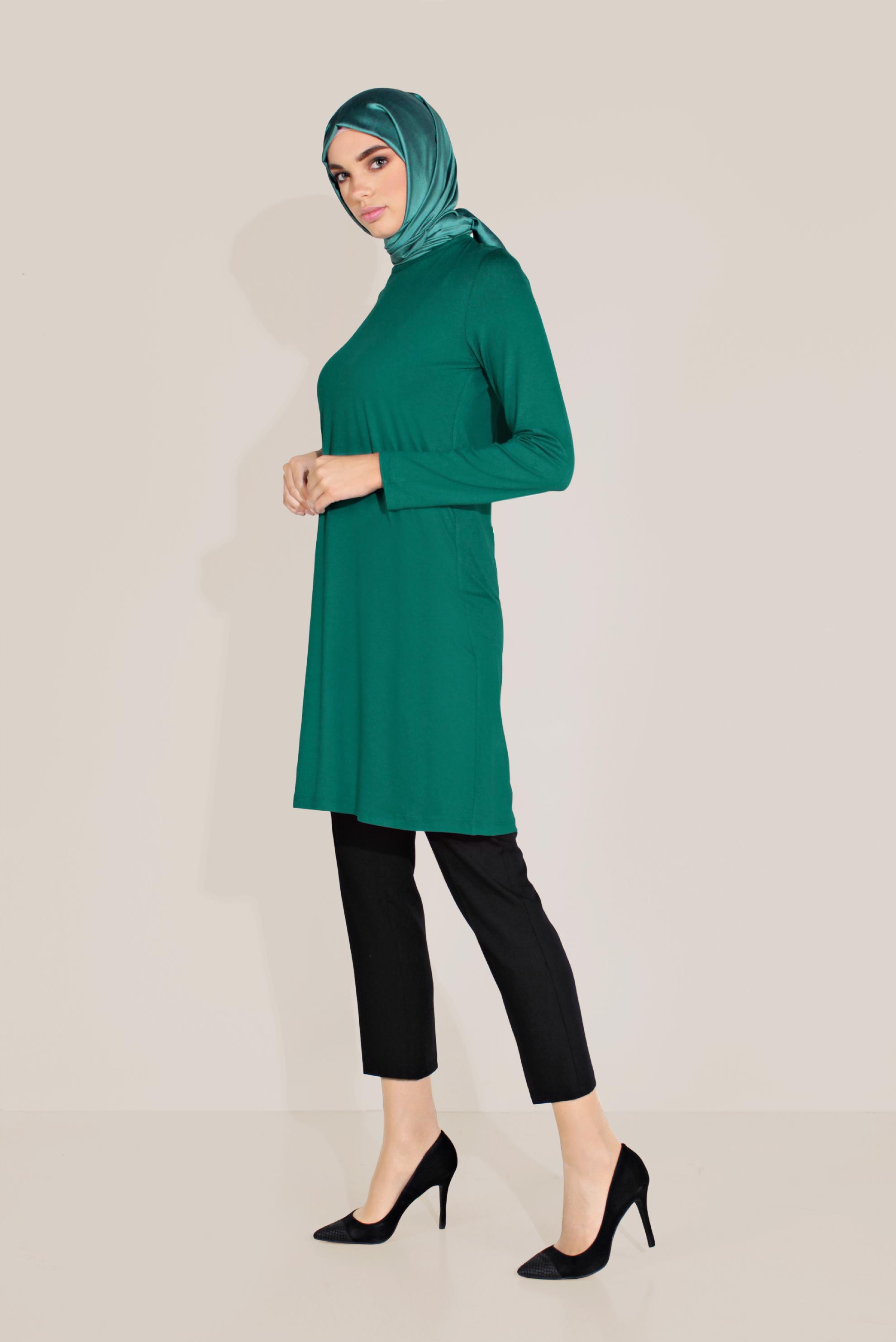 Tesettür giyim YEŞİL BİSİKLET YAKA TUNİK 40825