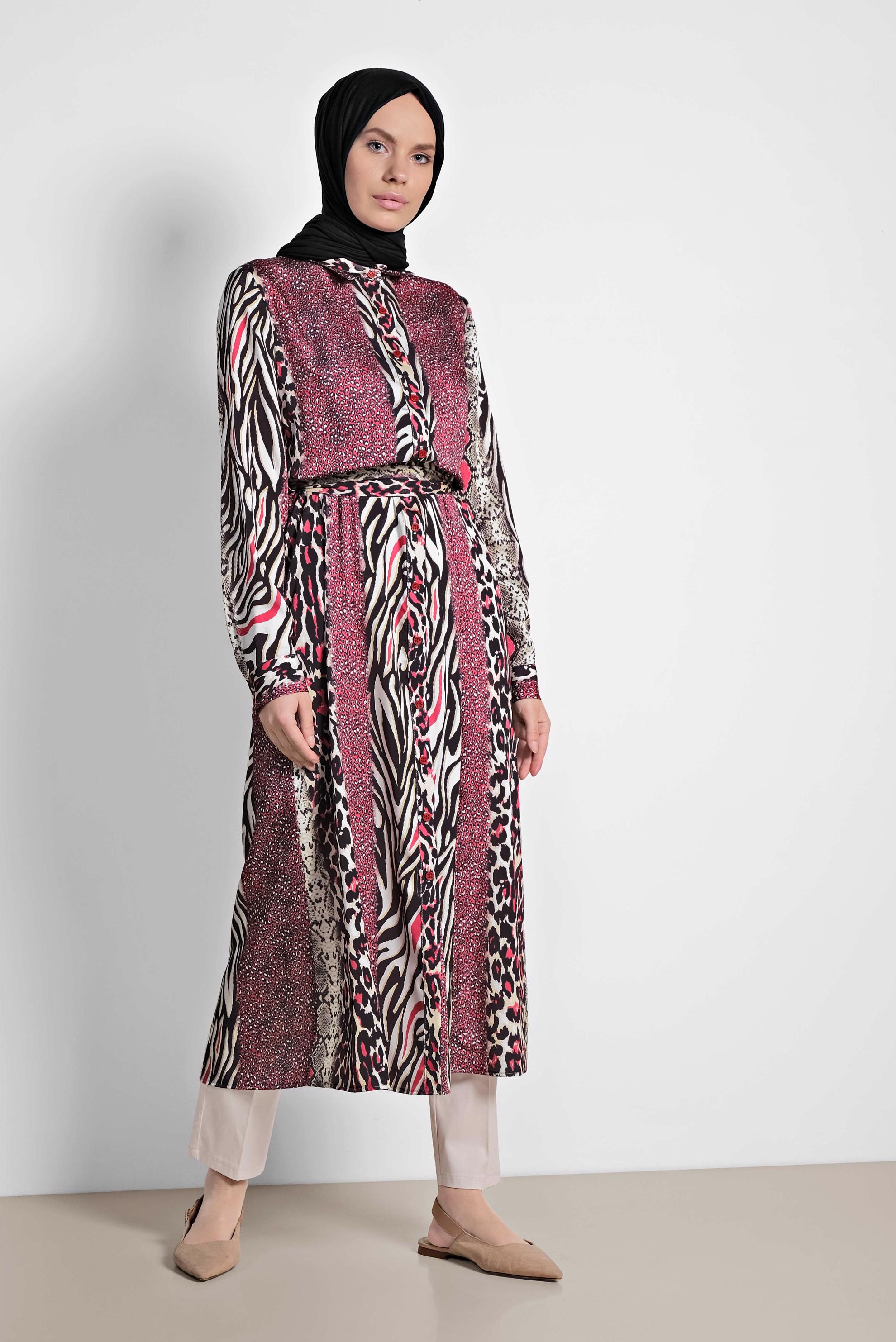 Tesettür giyim KIRMIZI MİX DESENLİ UZUN TUNİK 4086