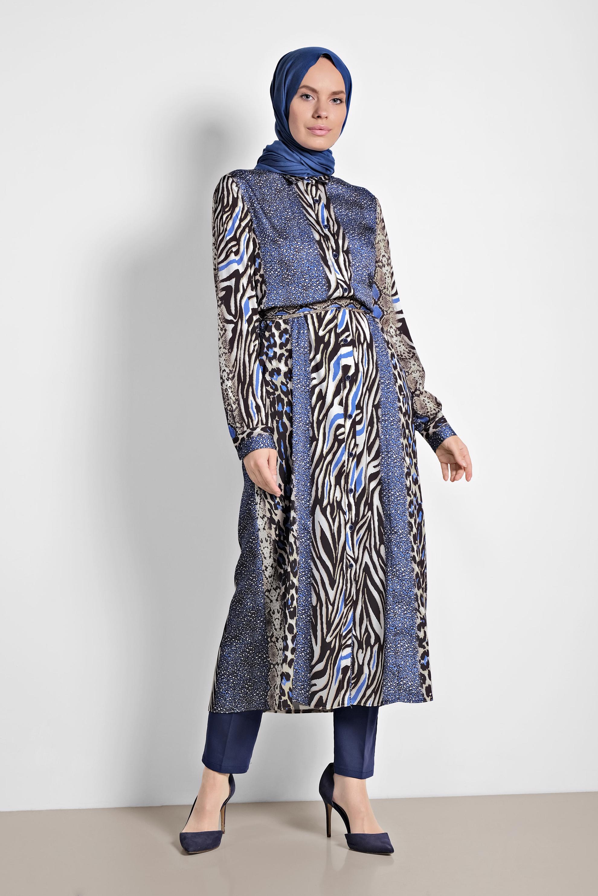 Tesettür giyim LACİVERT MİX DESENLİ UZUN TUNİK 4086