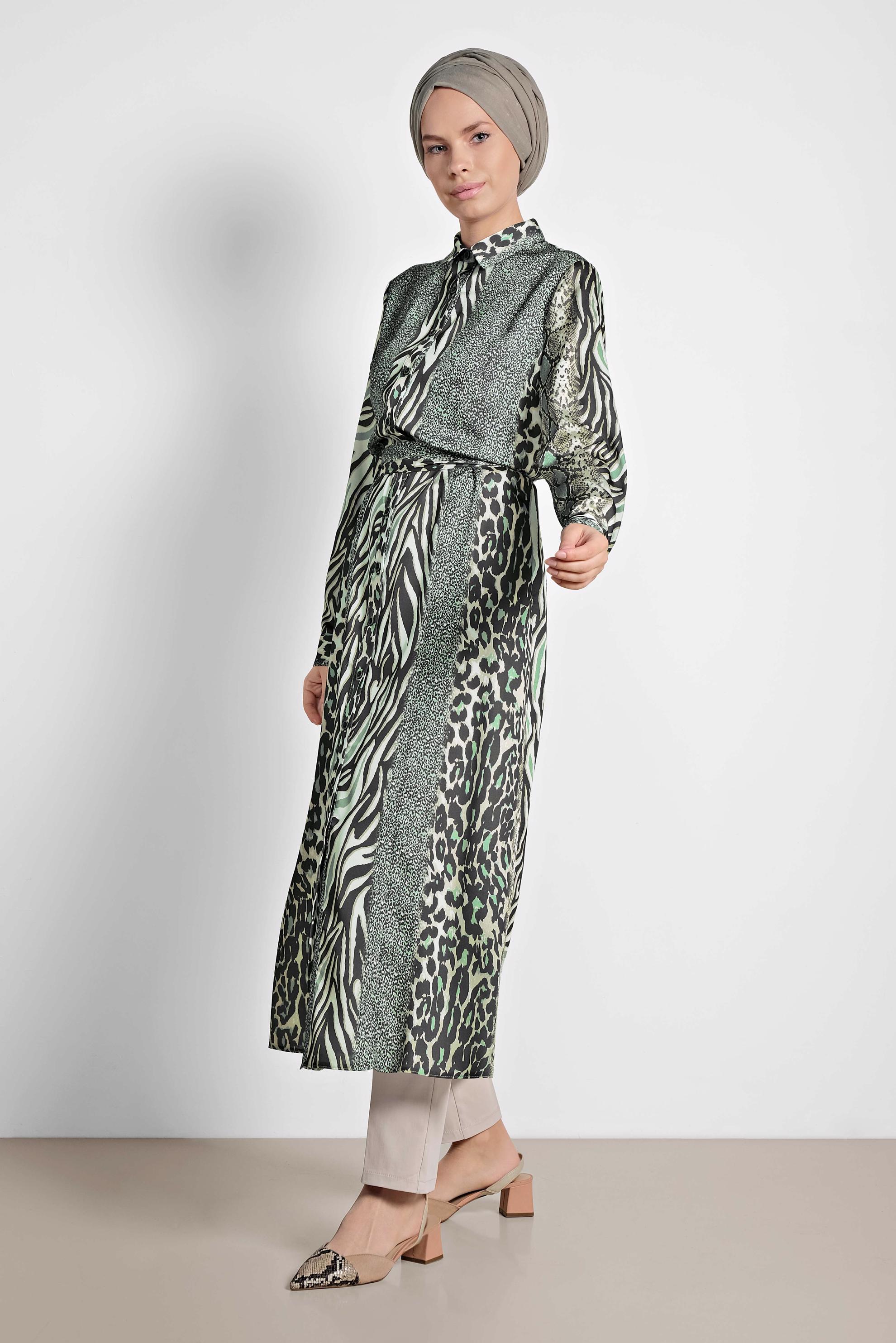Tesettür giyim YEŞİL MİX DESENLİ UZUN TUNİK 4086