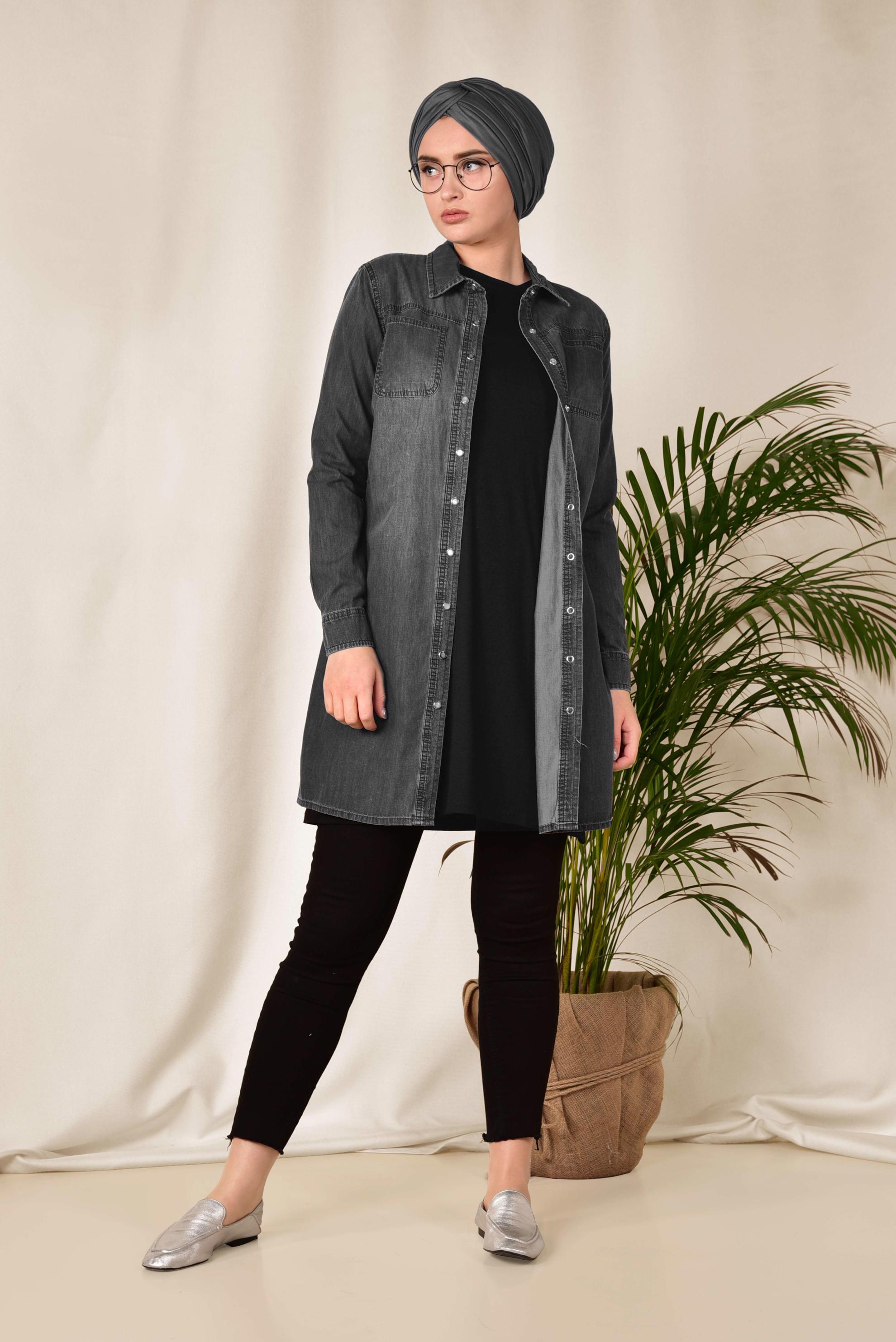 Tesettür giyim GRİ ÖNDEN ÇITÇITLI DENİM TUNİK 4097