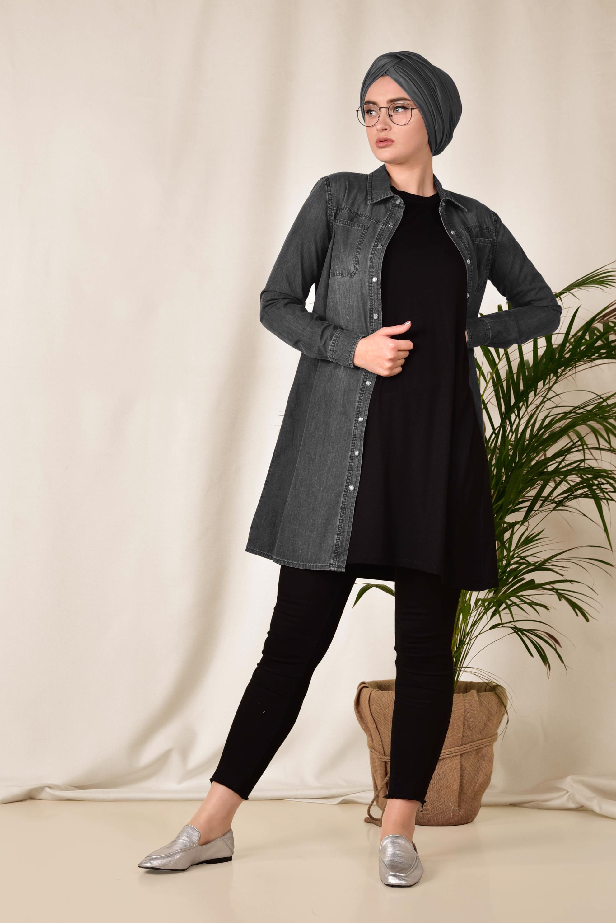 Tesettür giyim GRİ ÖNDEN ÇITÇITLI DENİM TUNİK 4097