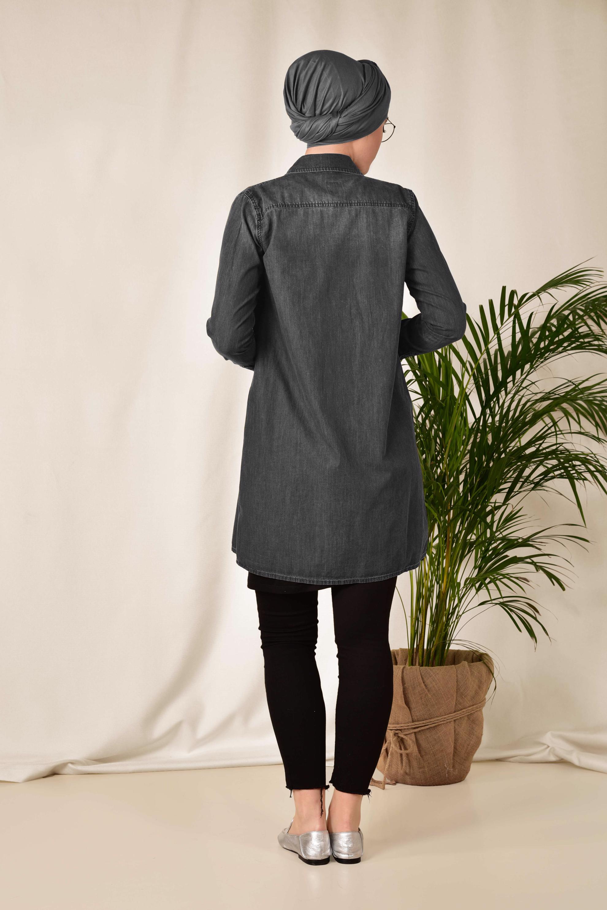 Tesettür giyim GRİ ÖNDEN ÇITÇITLI DENİM TUNİK 4097