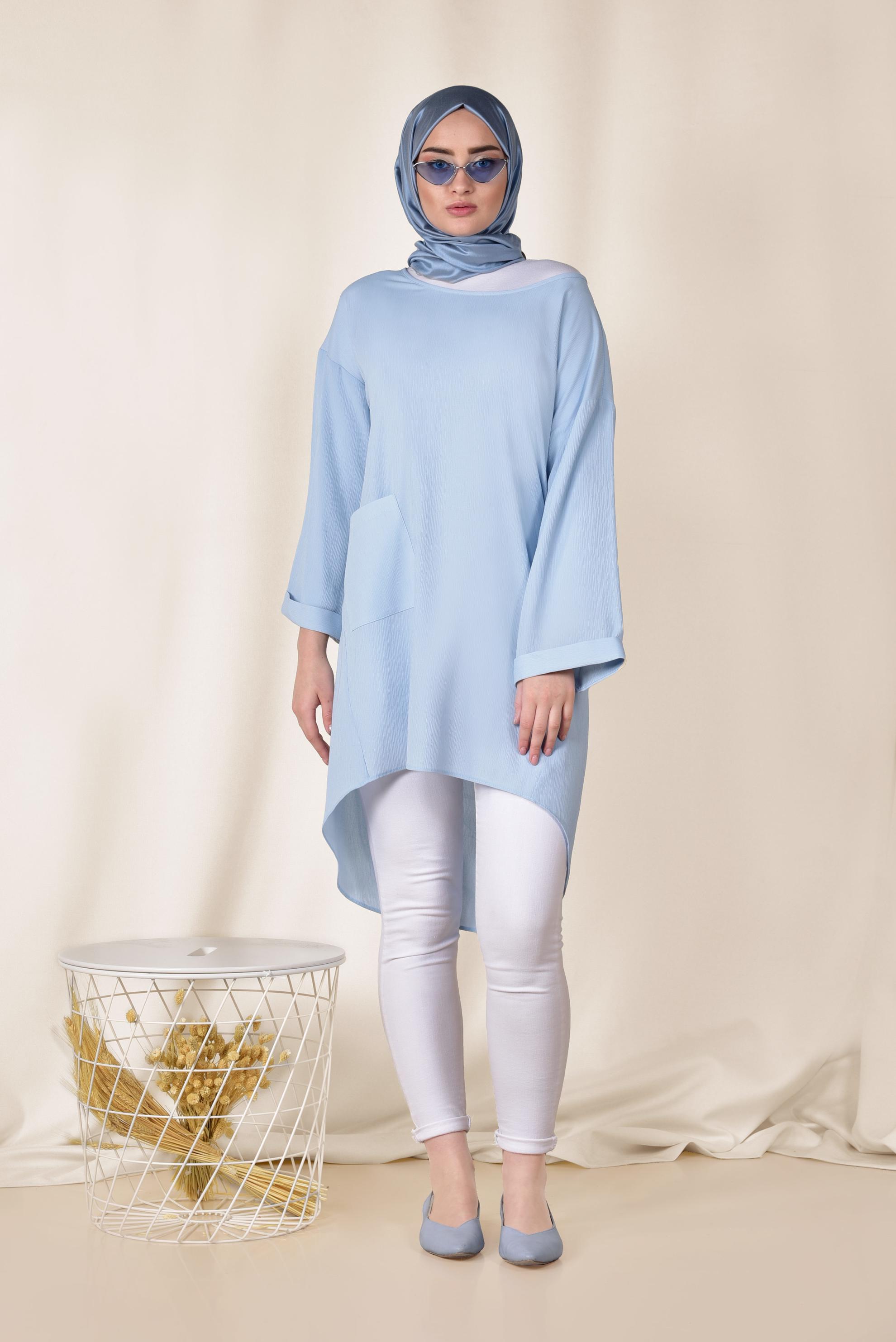 Tesettür giyim MAVİ CEPLİ SALAŞ TUNİK 4110