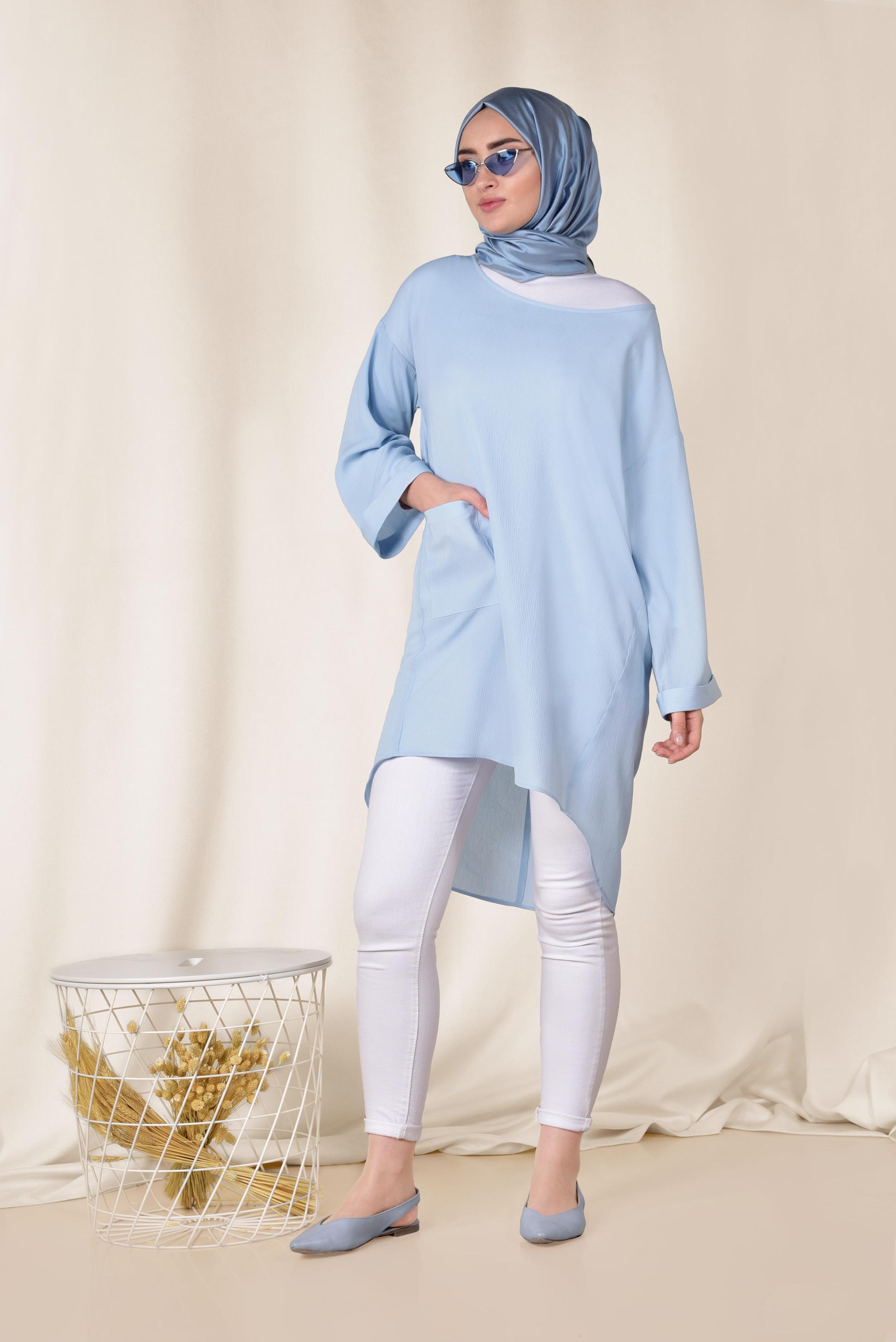 Tesettür giyim MAVİ CEPLİ SALAŞ TUNİK 4110