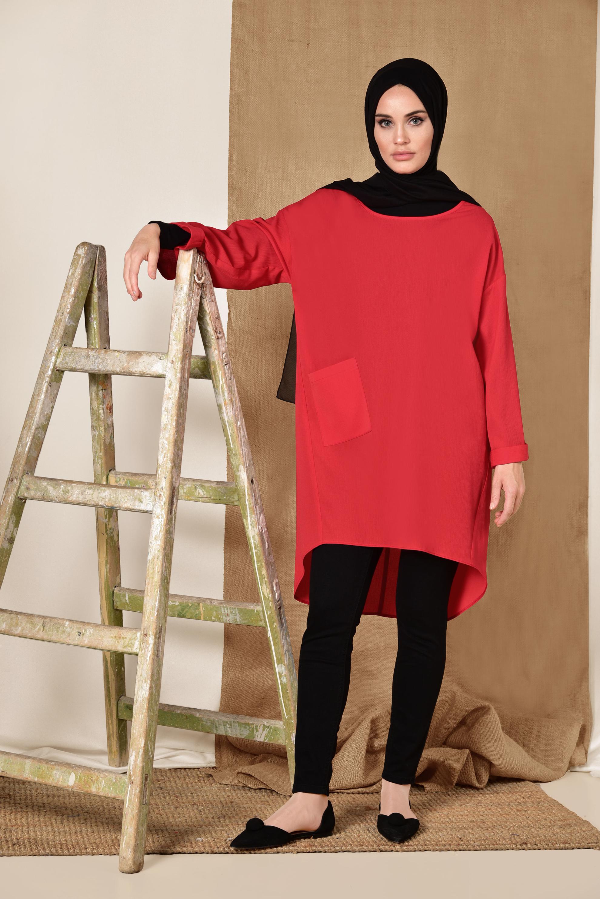 Tesettür giyim KIRMIZI CEPLİ SALAŞ TUNİK 4110