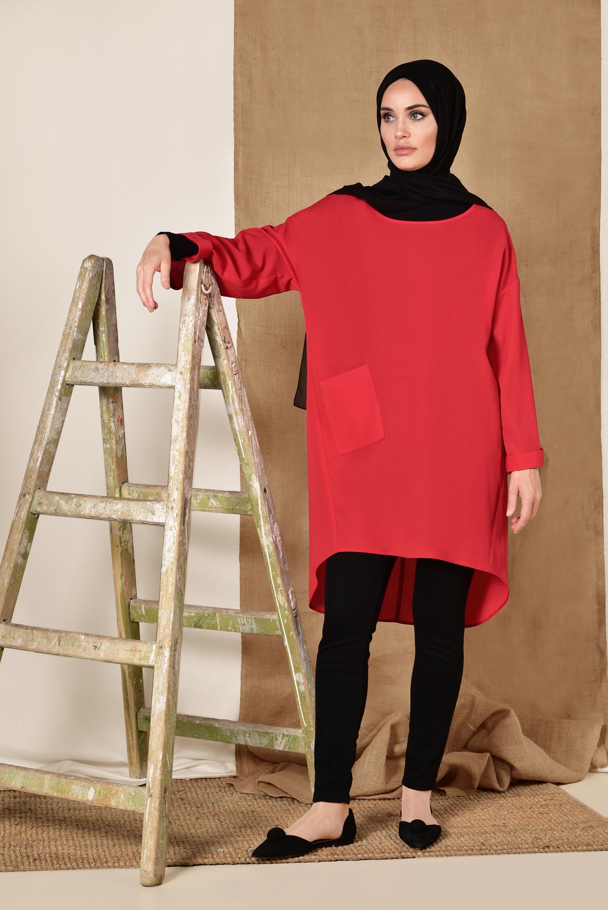 Tesettür giyim KIRMIZI CEPLİ SALAŞ TUNİK 4110
