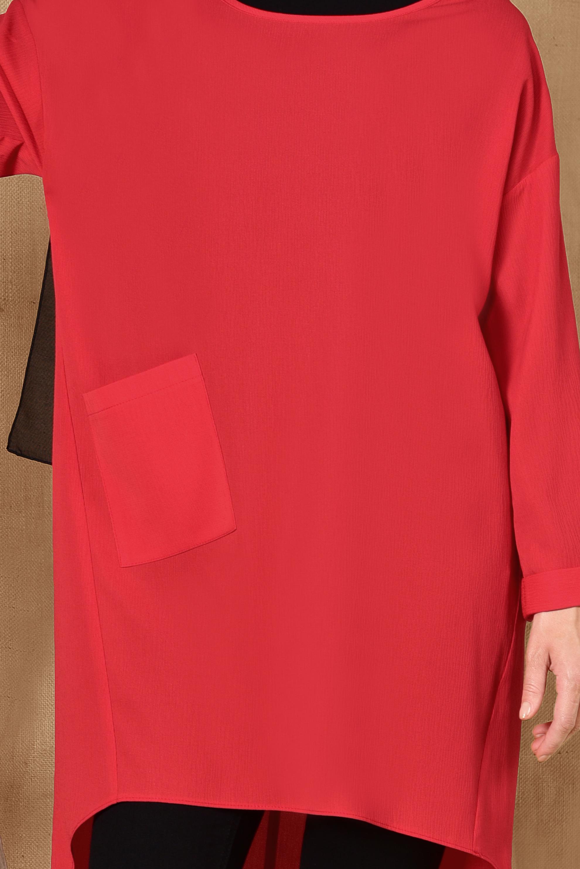 Tesettür giyim KIRMIZI CEPLİ SALAŞ TUNİK 4110