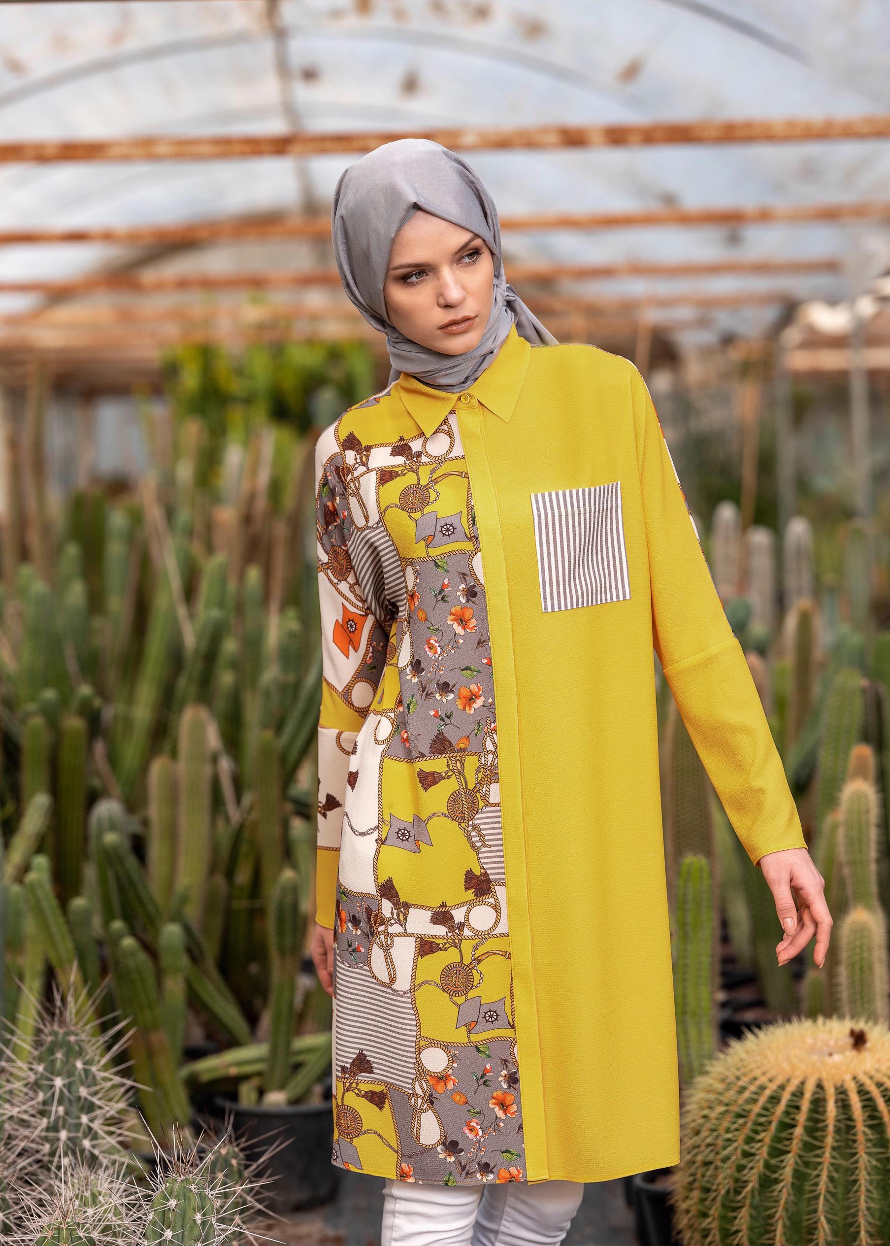 Tesettür giyim SARI KARIŞIK DESENLİ TUNİK 4112