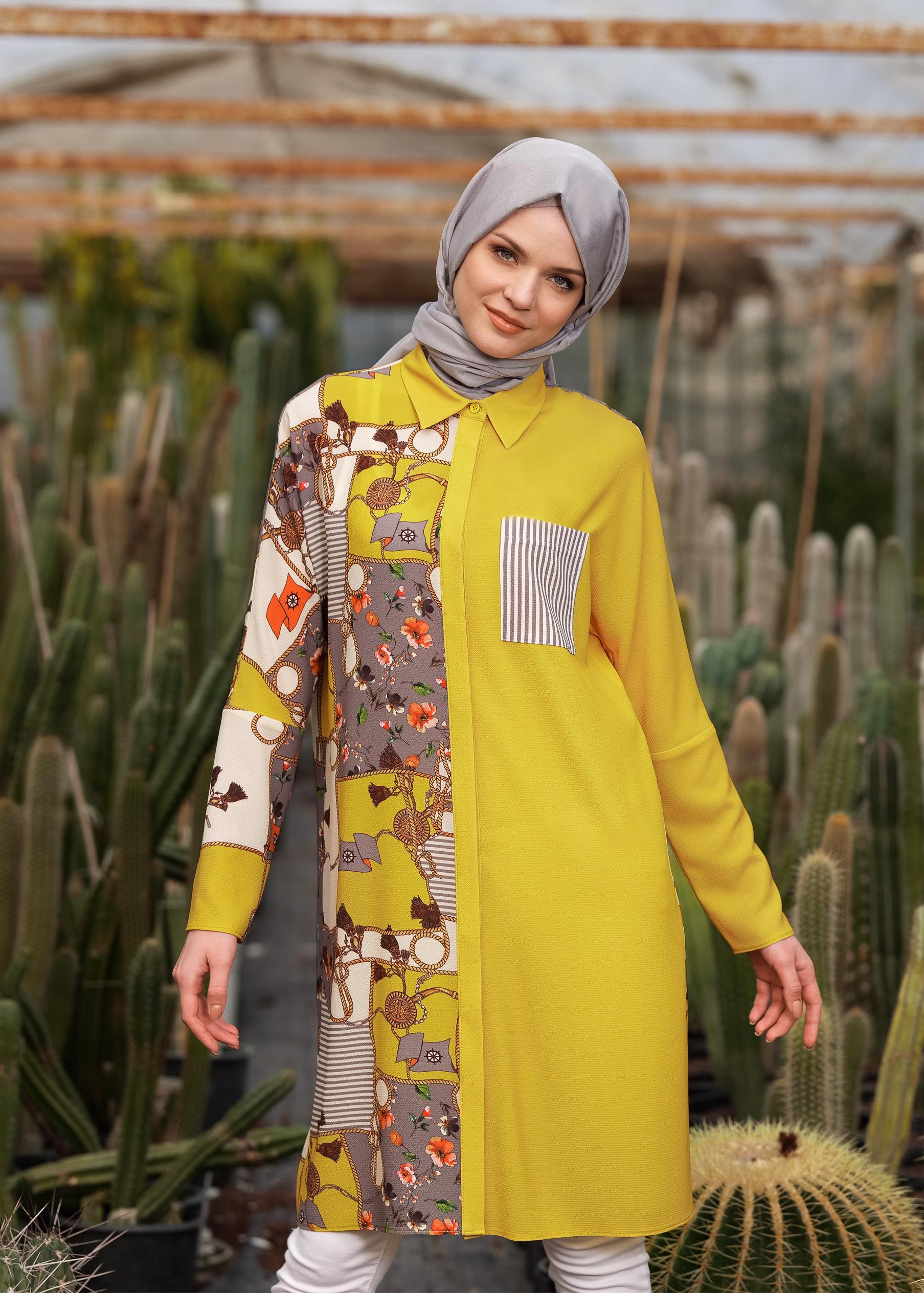 Tesettür giyim SARI KARIŞIK DESENLİ TUNİK 4112