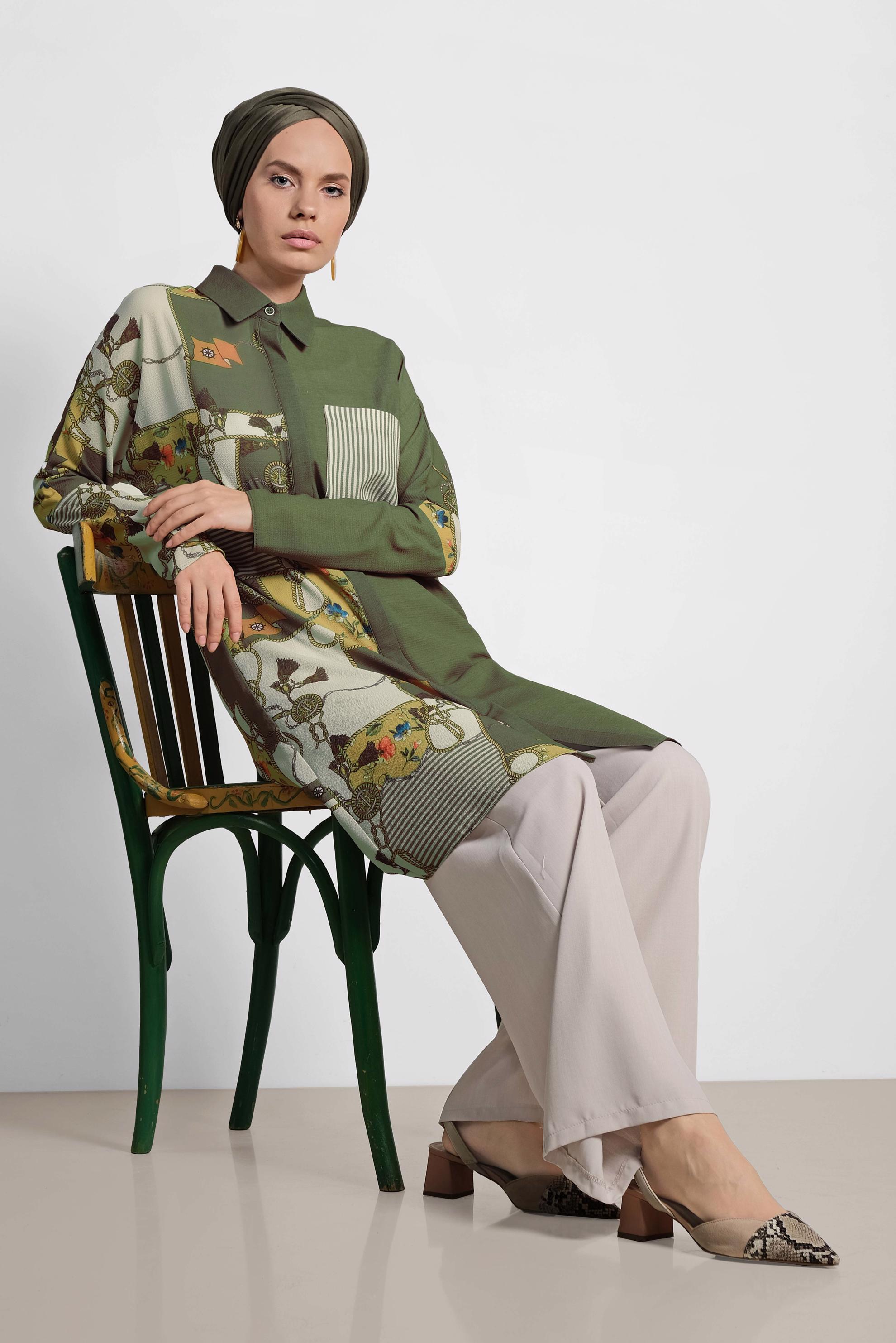 Tesettür giyim HAKİ KARIŞIK DESENLİ TUNİK 4112