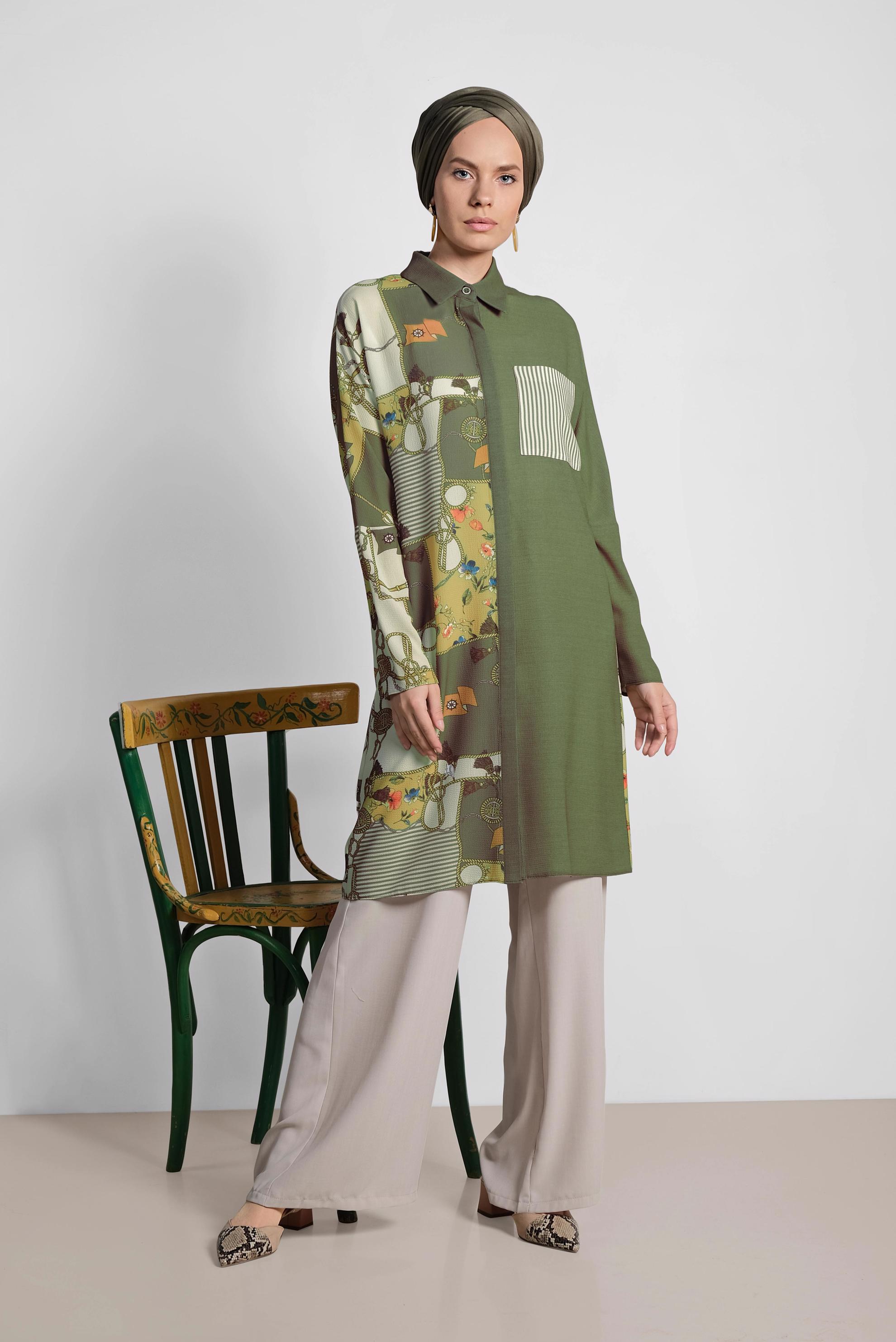 Tesettür giyim HAKİ KARIŞIK DESENLİ TUNİK 4112