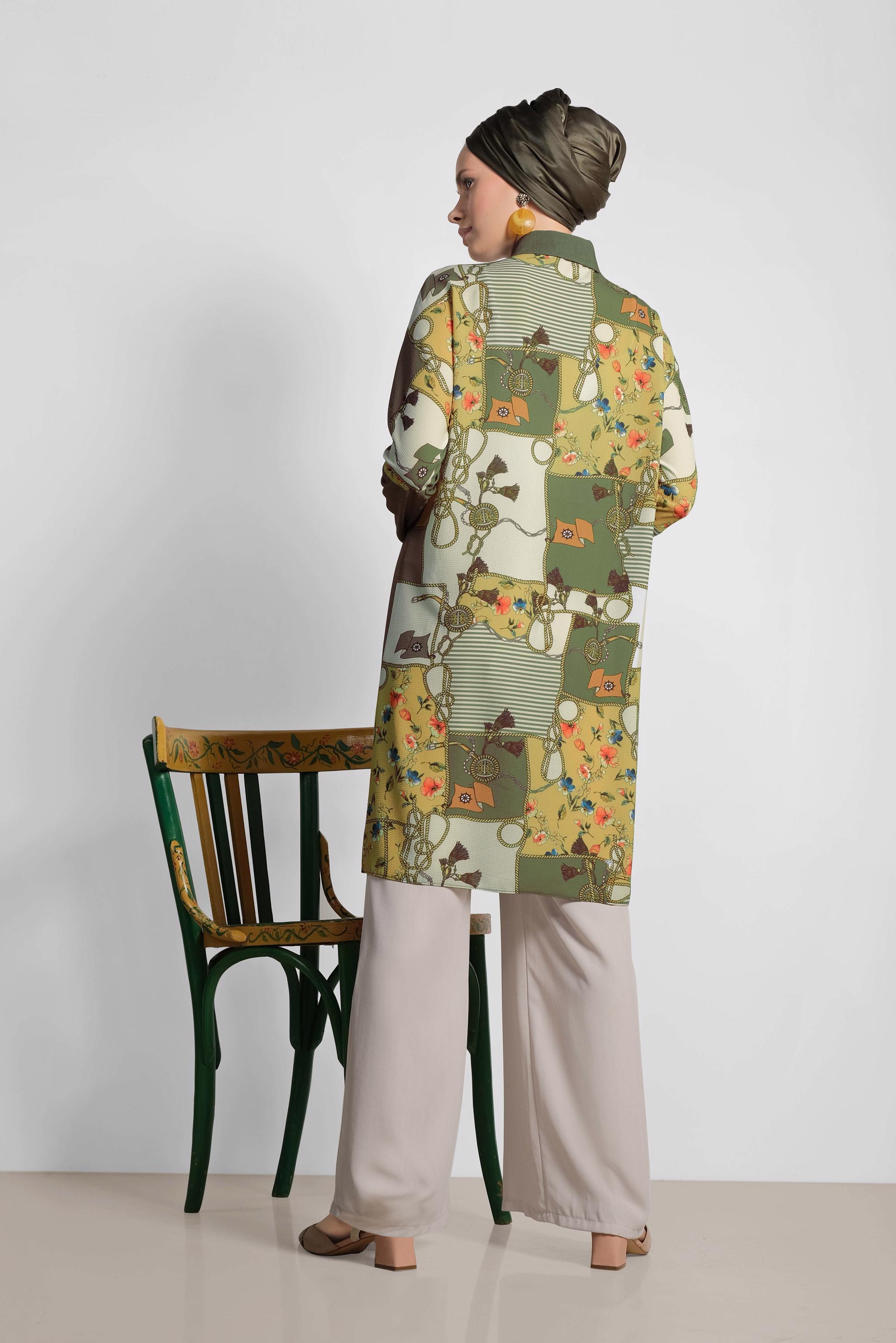 Tesettür giyim HAKİ KARIŞIK DESENLİ TUNİK 4112