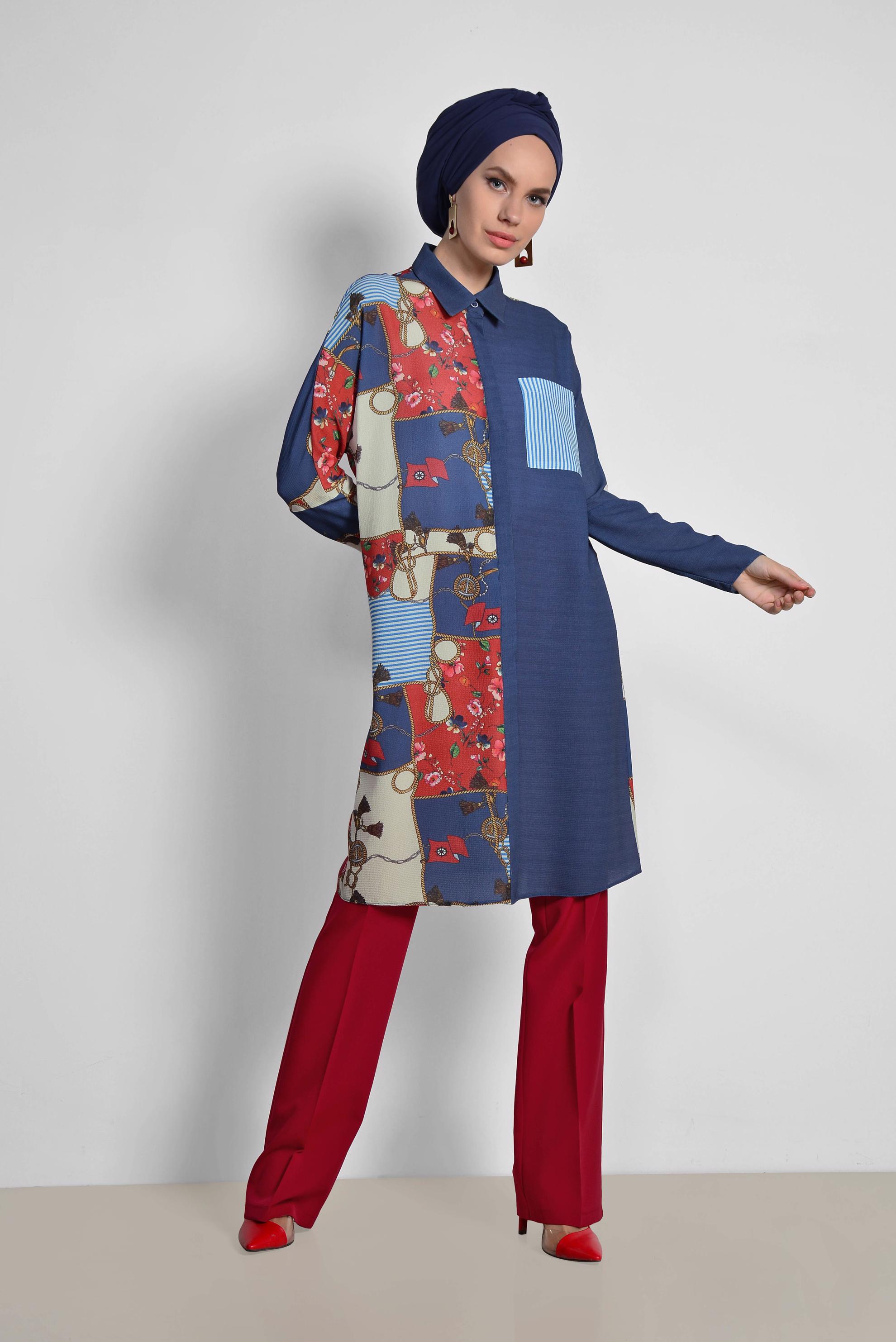 Tesettür giyim LACİVERT KARIŞIK DESENLİ TUNİK 4112