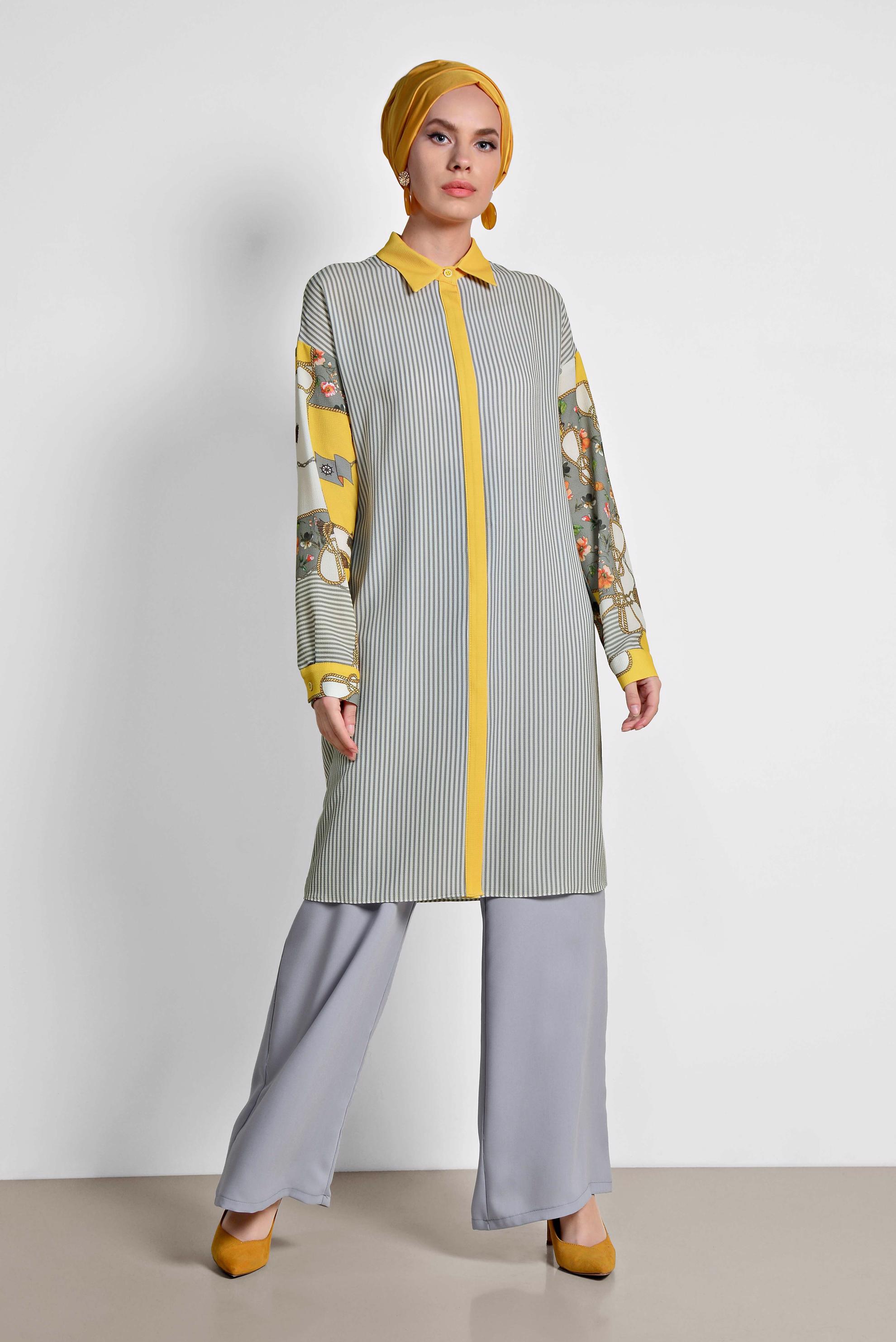 Tesettür giyim GRİ ÇİZGİ VE ÇİÇEK DESENLİ TUNİK 4113