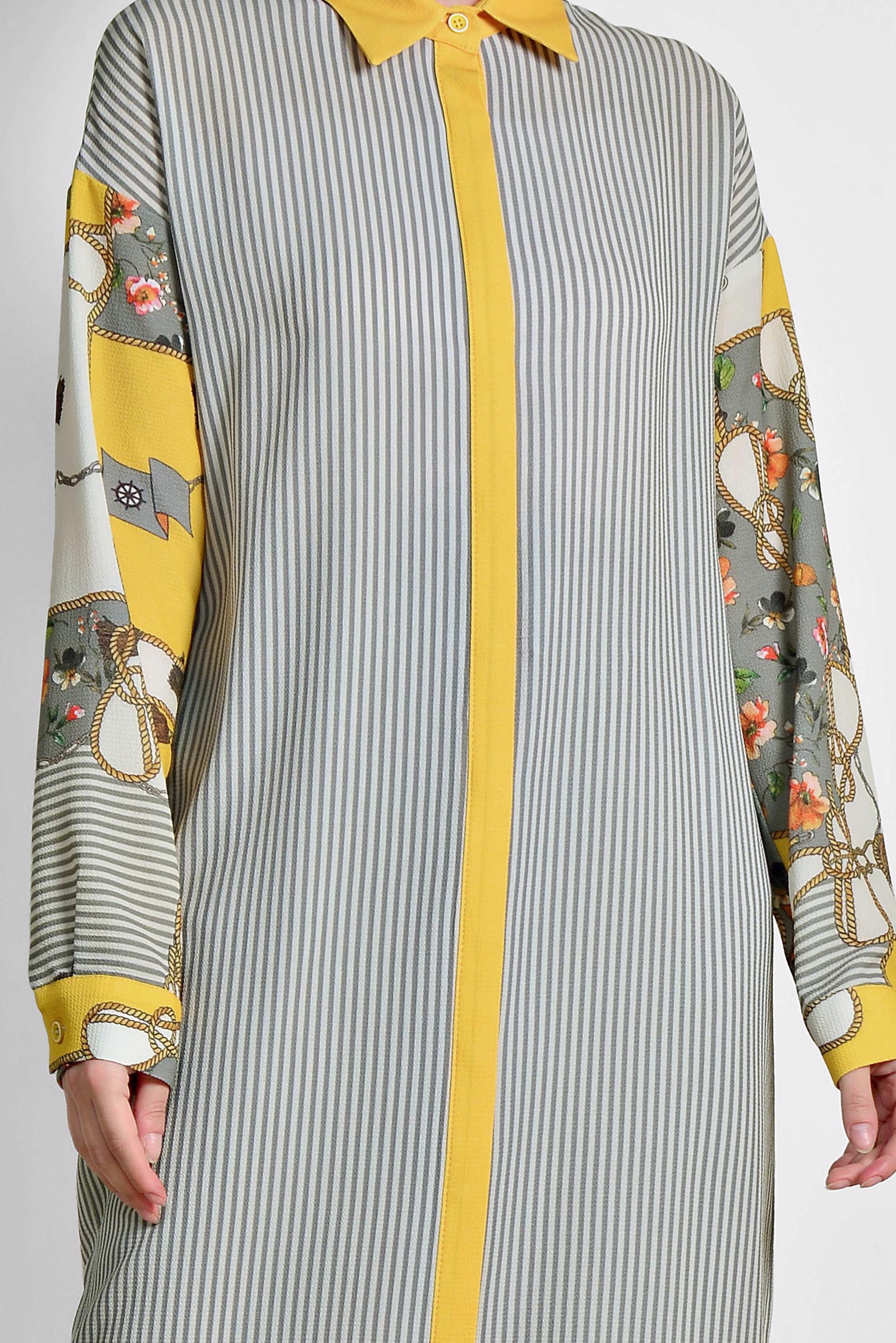 Tesettür giyim GRİ ÇİZGİ VE ÇİÇEK DESENLİ TUNİK 4113