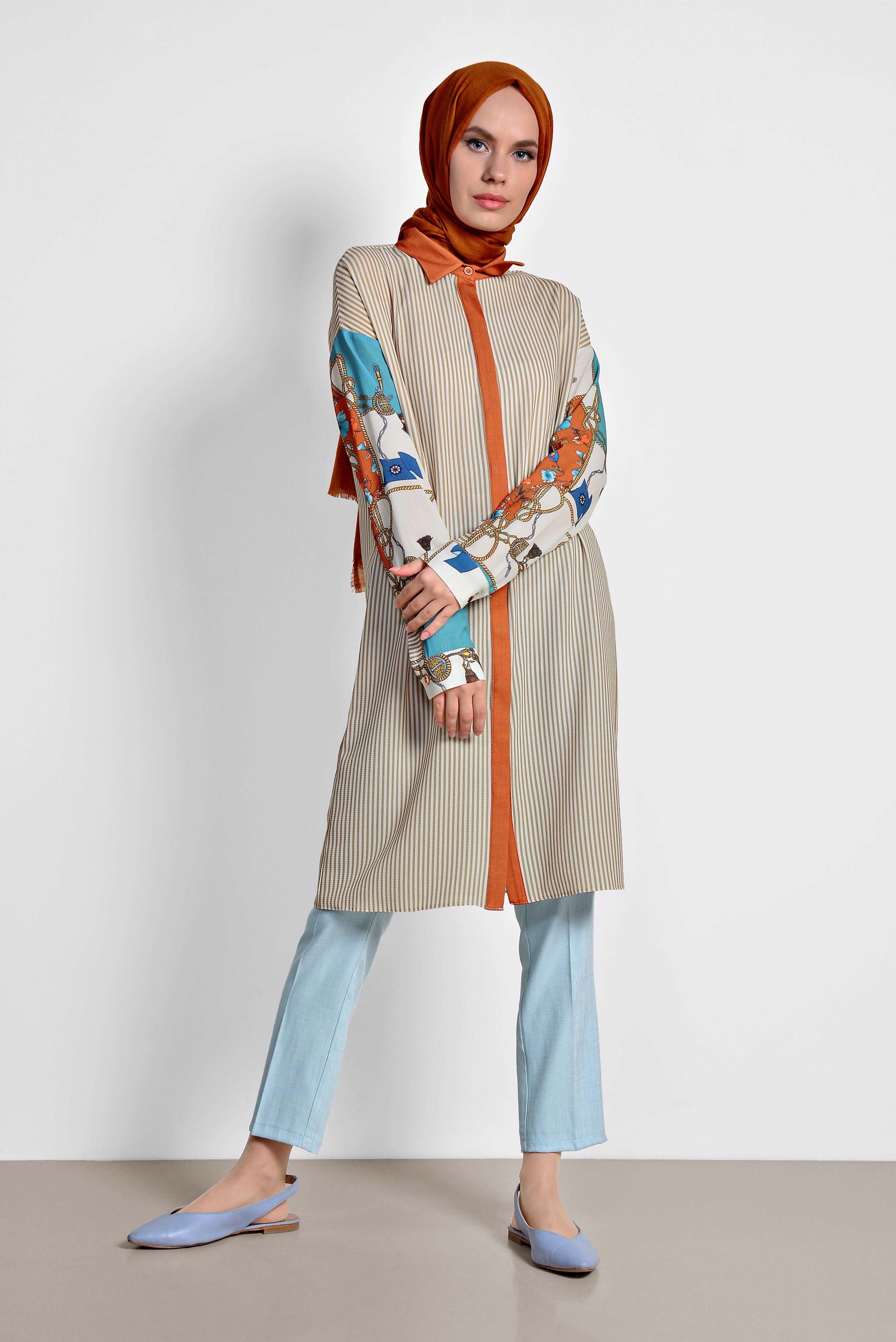 Tesettür giyim TABA ÇİZGİ VE ÇİÇEK DESENLİ TUNİK 4113