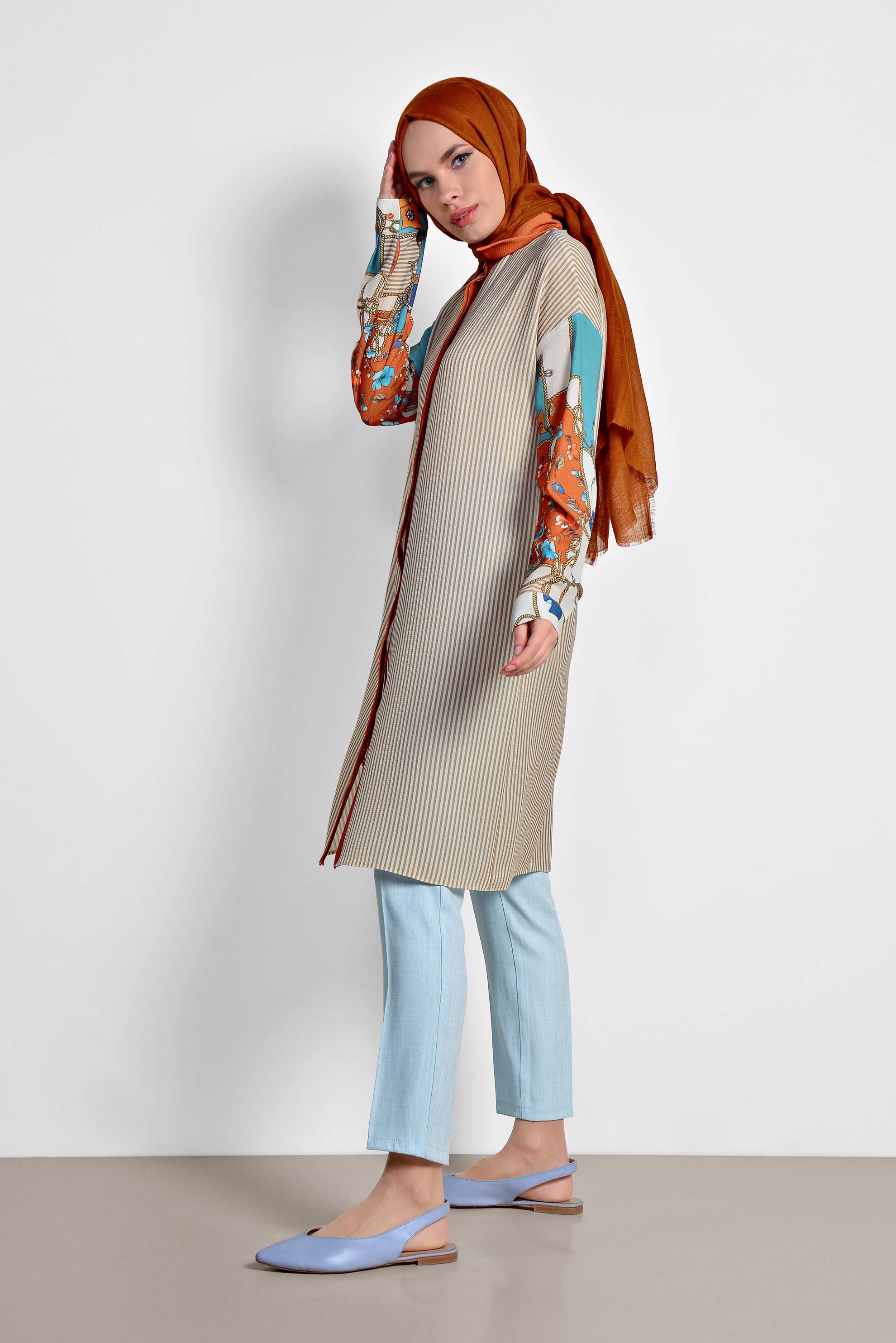 Tesettür giyim TABA ÇİZGİ VE ÇİÇEK DESENLİ TUNİK 4113