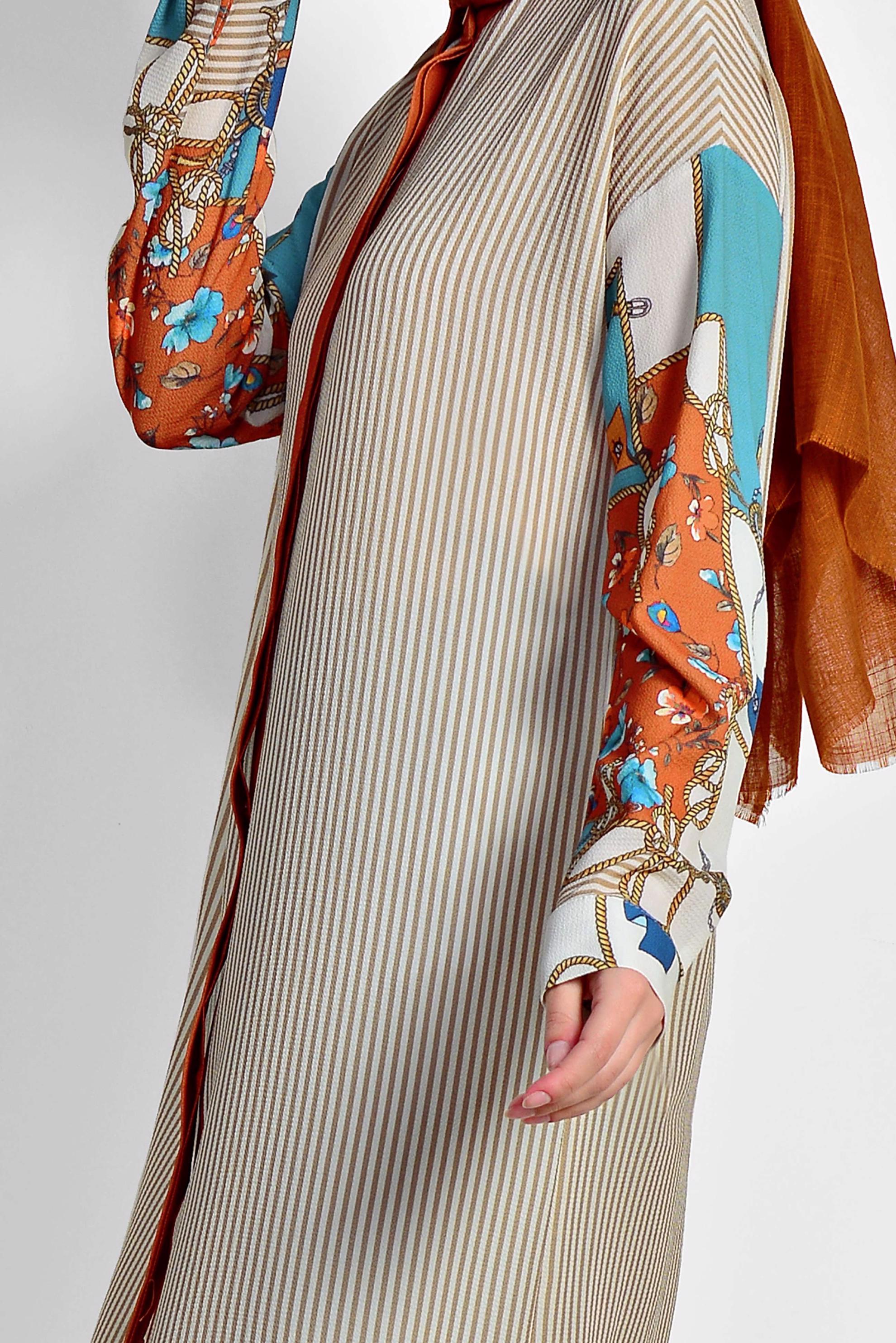 Tesettür giyim TABA ÇİZGİ VE ÇİÇEK DESENLİ TUNİK 4113