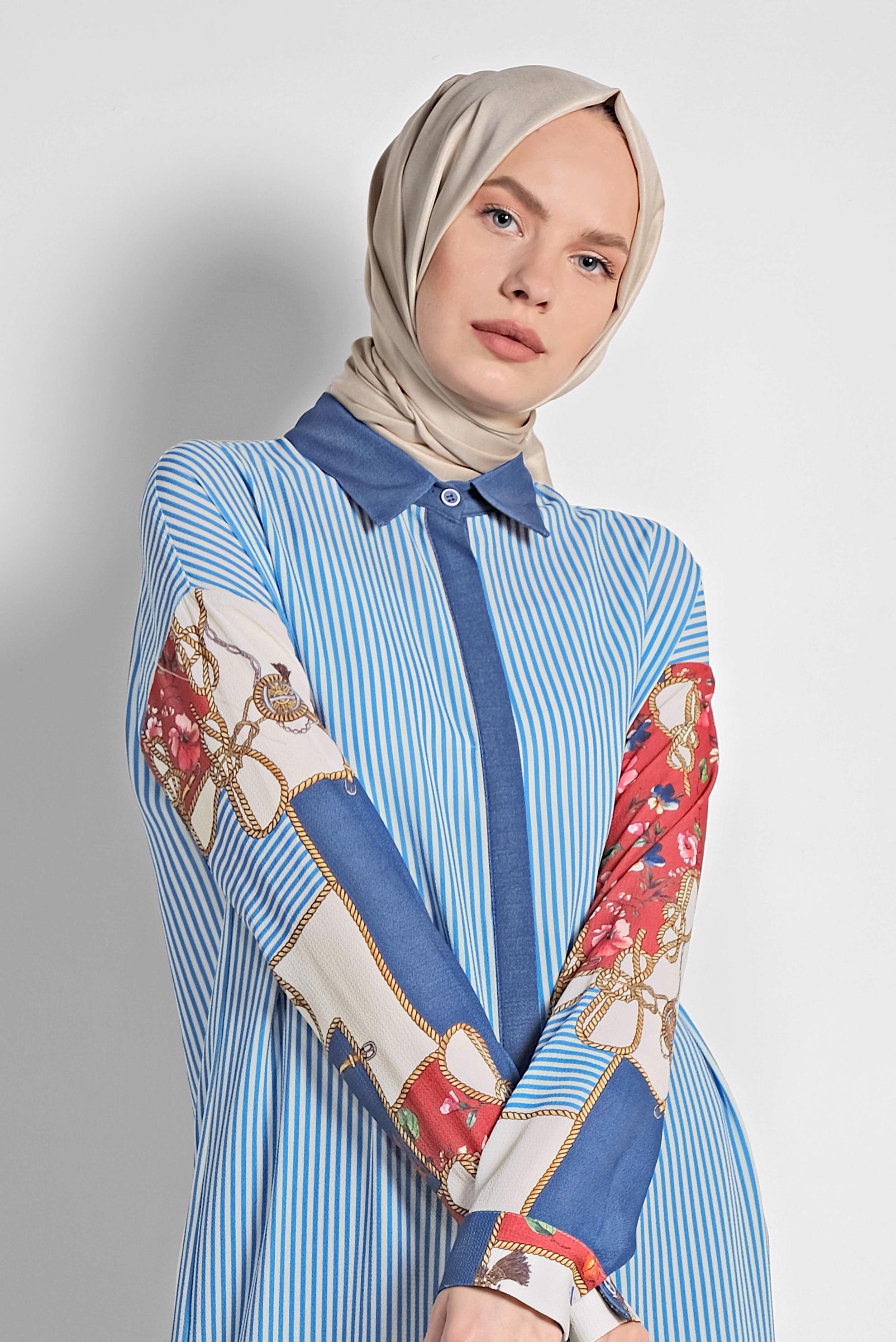 Tesettür giyim LACİVERT ÇİZGİ VE ÇİÇEK DESENLİ TUNİK 4113