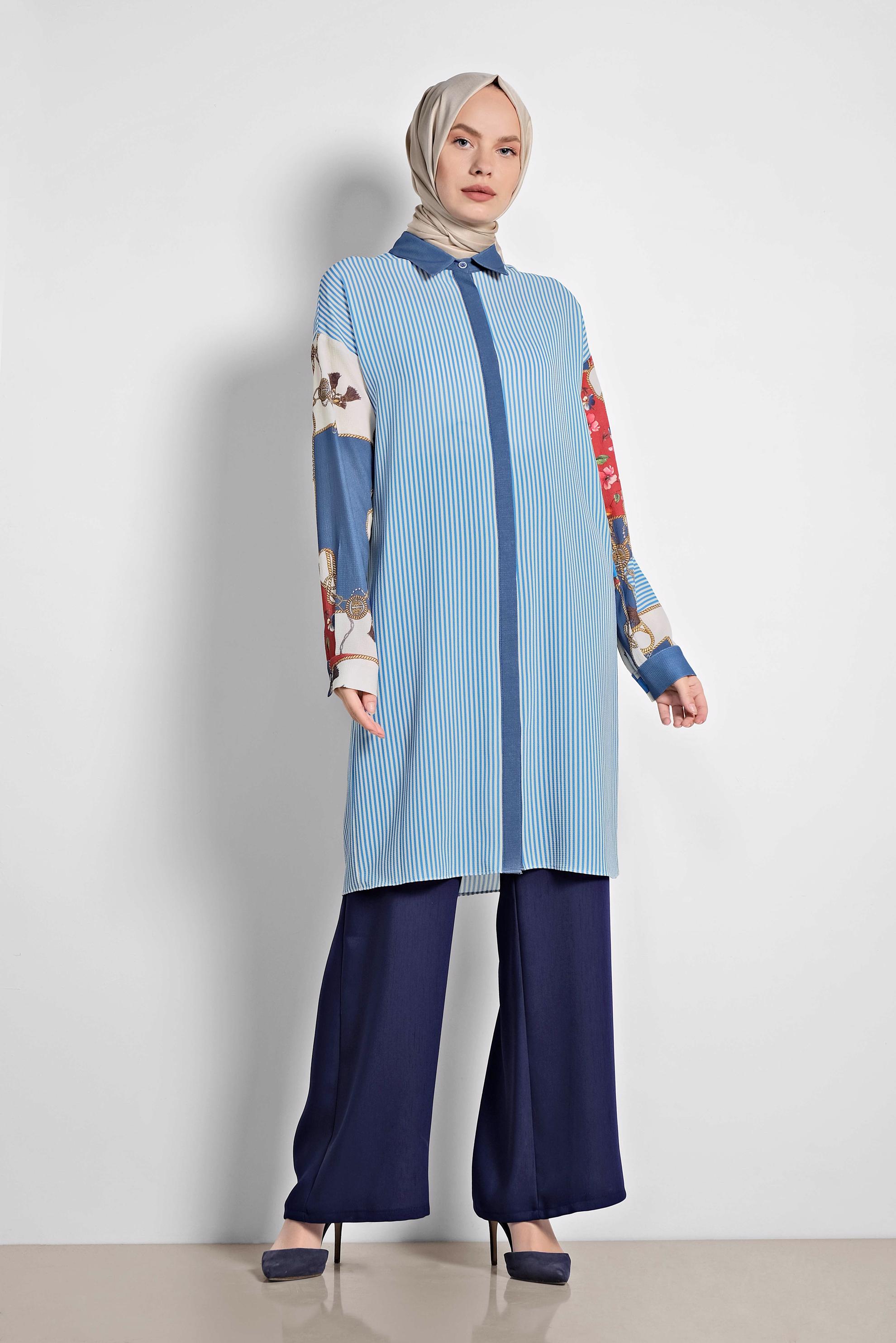 Tesettür giyim LACİVERT ÇİZGİ VE ÇİÇEK DESENLİ TUNİK 4113
