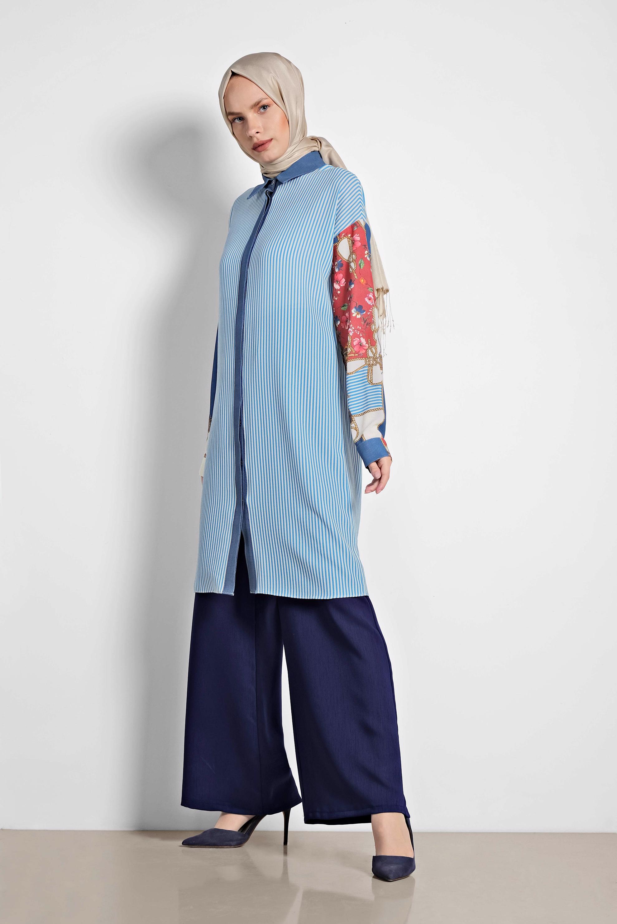 Tesettür giyim LACİVERT ÇİZGİ VE ÇİÇEK DESENLİ TUNİK 4113