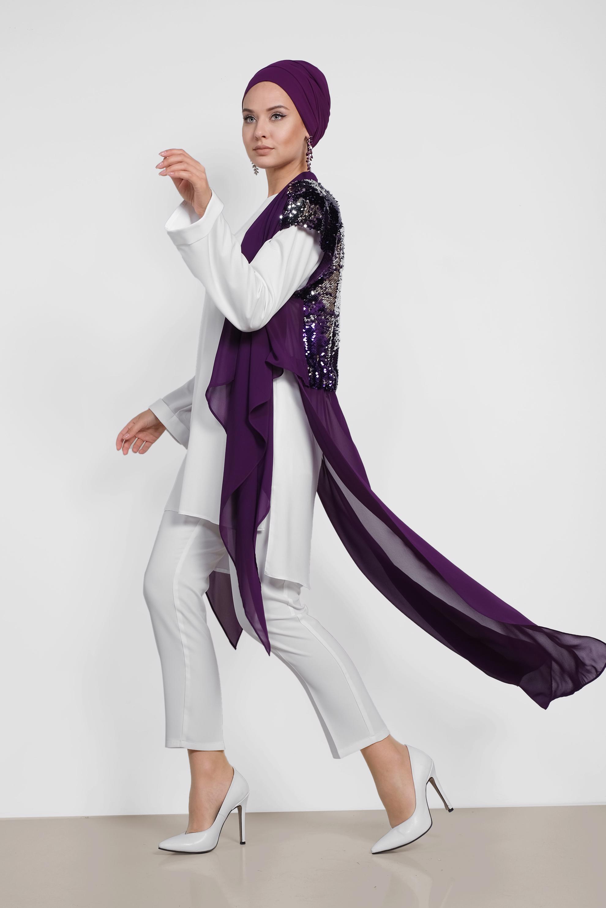 Tesettür giyim MOR PUL PAYETLİ İKİLİ TUNİK 4145