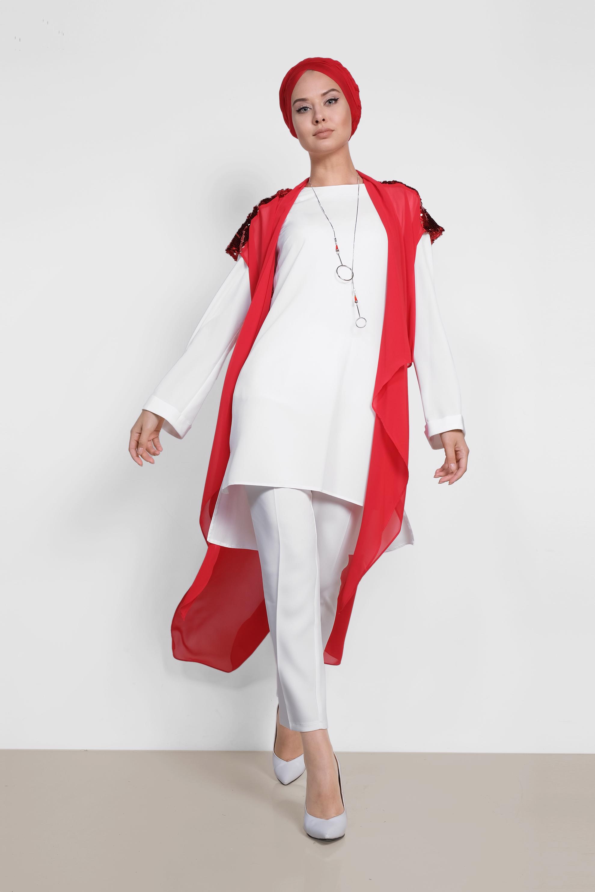 Tesettür giyim BORDO PUL PAYETLİ İKİLİ TUNİK 4145