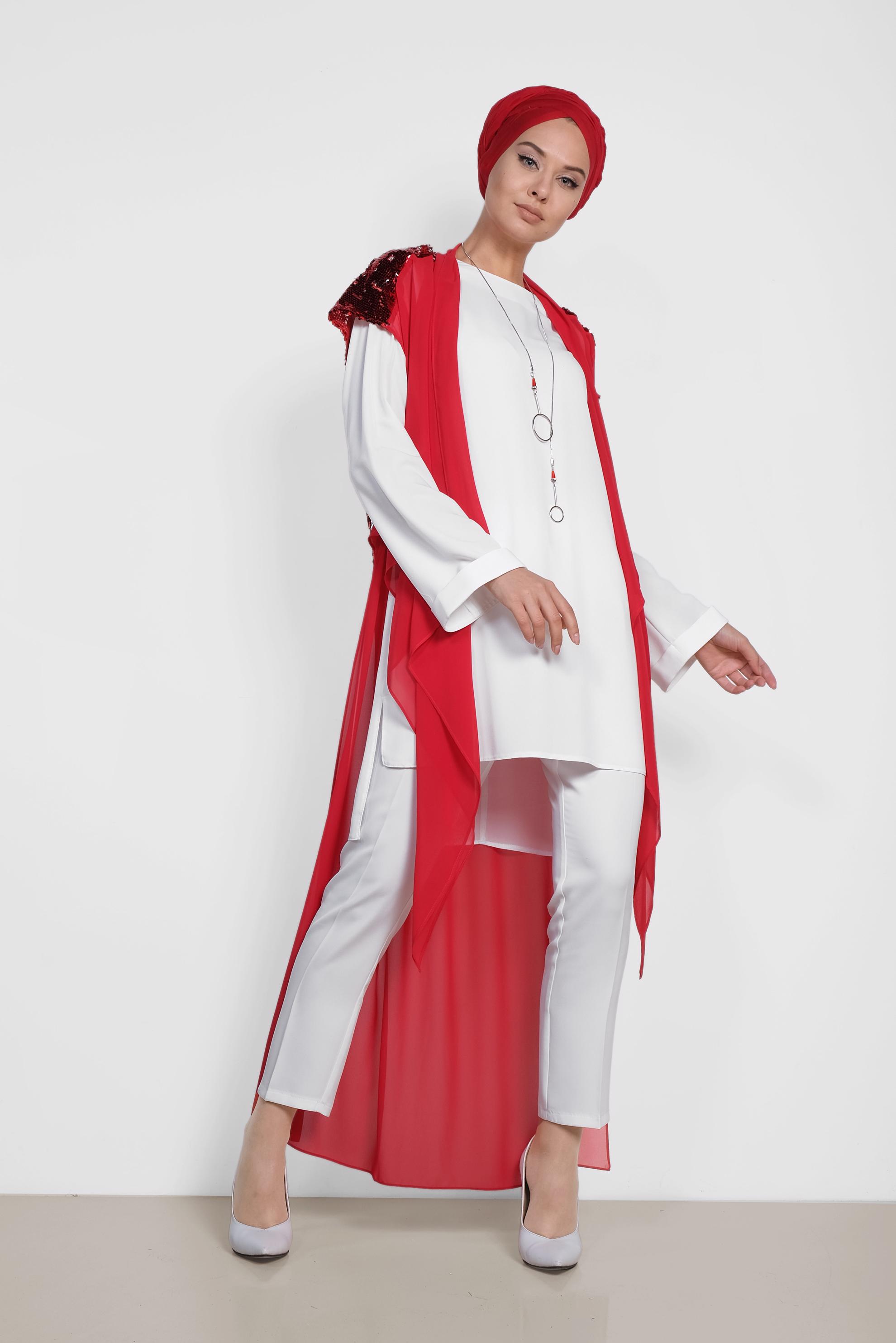 Tesettür giyim BORDO PUL PAYETLİ İKİLİ TUNİK 4145