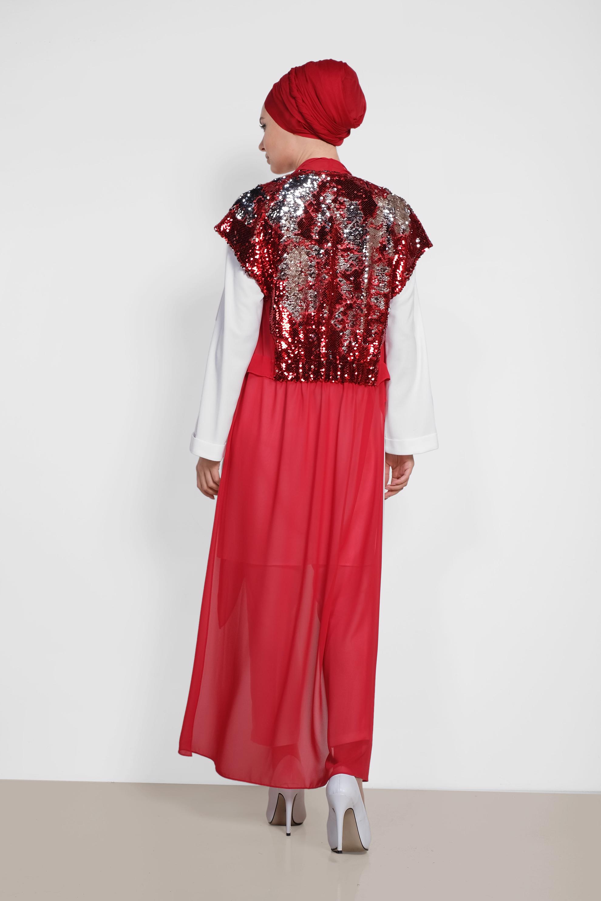 Tesettür giyim BORDO PUL PAYETLİ İKİLİ TUNİK 4145