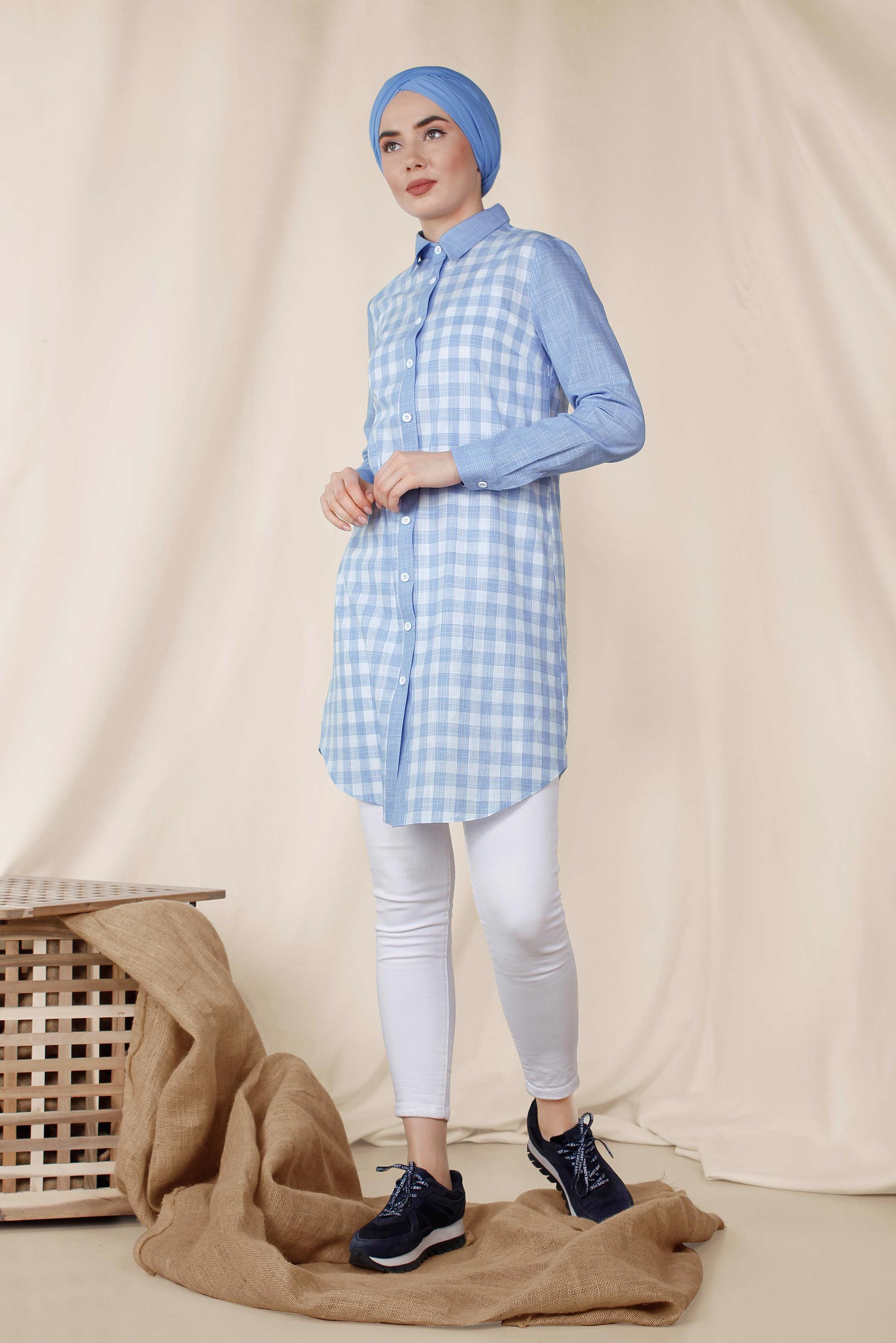 Tesettür giyim MAVİ KARE DESENLİ PAMUKLU TUNİK 4146