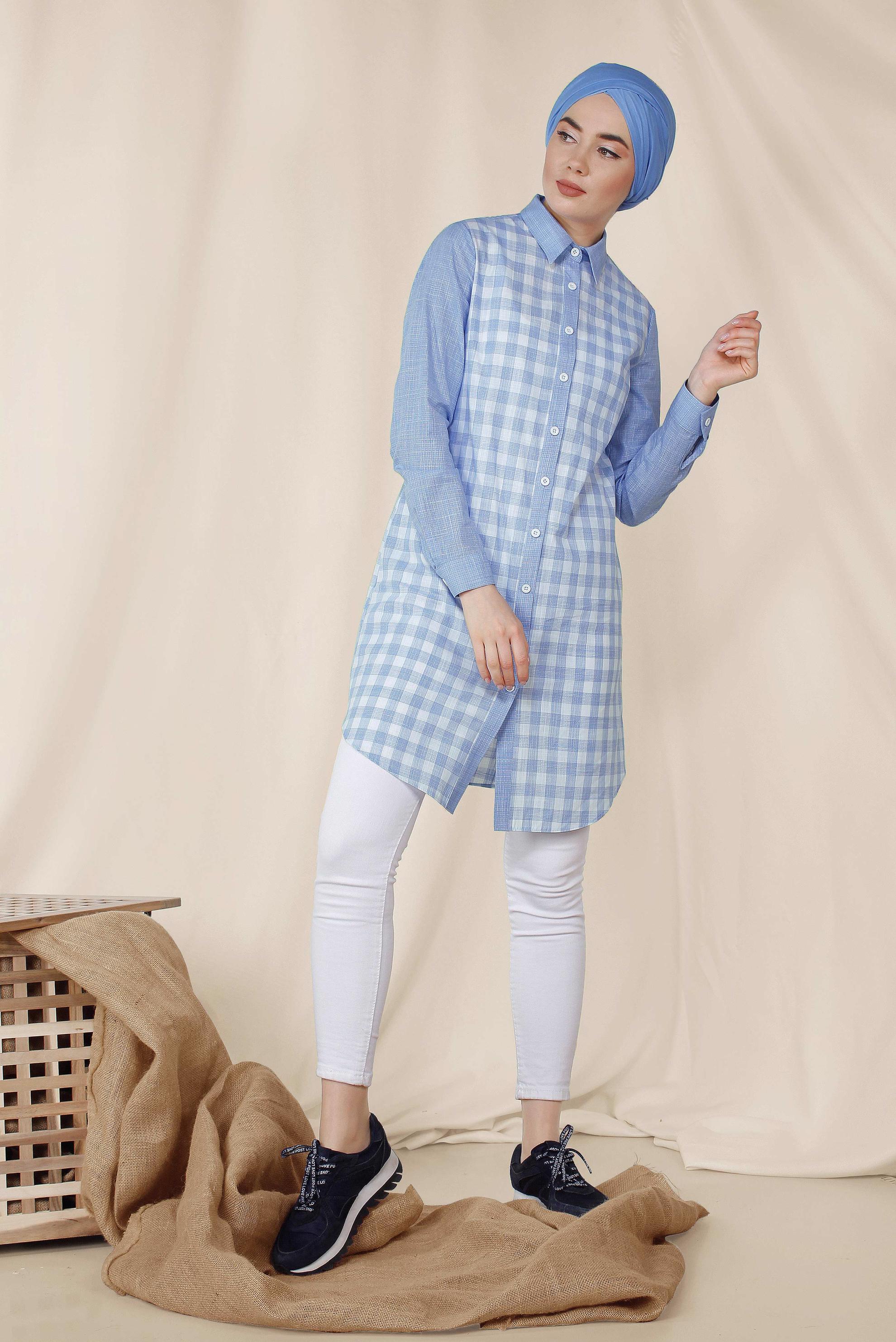 Tesettür giyim MAVİ KARE DESENLİ PAMUKLU TUNİK 4146