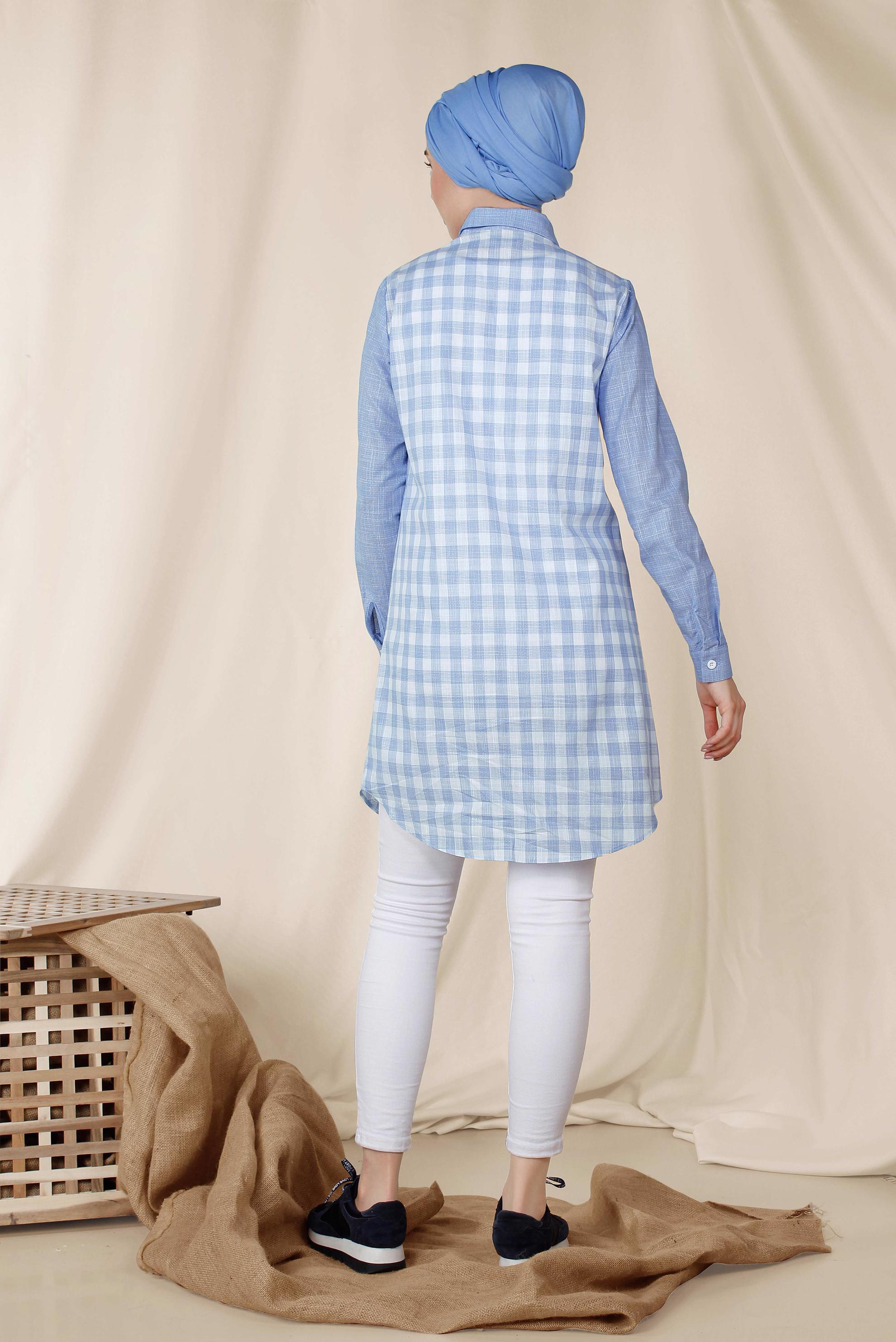 Tesettür giyim MAVİ KARE DESENLİ PAMUKLU TUNİK 4146