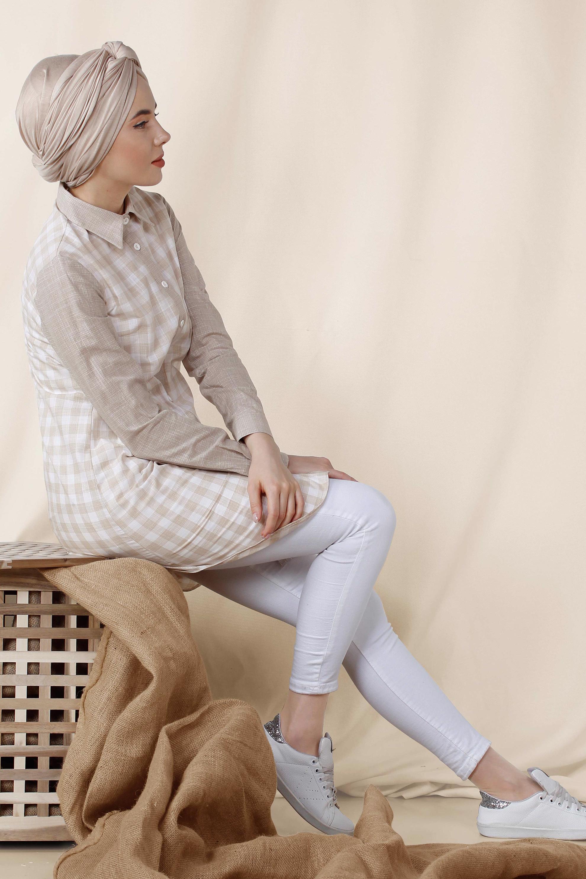 Tesettür giyim BEJ KARE DESENLİ PAMUKLU TUNİK 4146